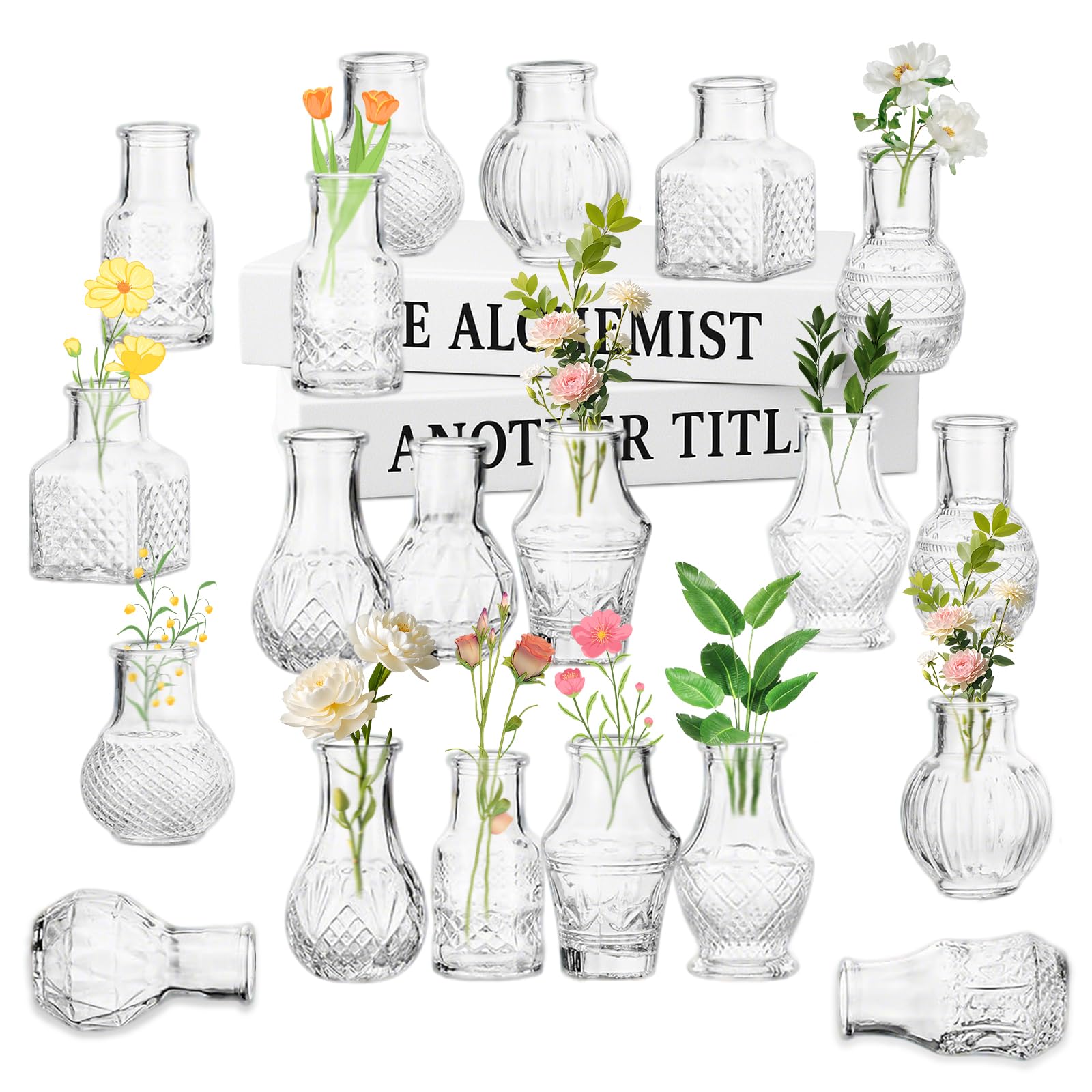 Juego de 20 Jarrones Pequeños de Cristal, Mini Jarron Cristal Juego de Floreros, Jarrones Decorativos Vintage, Centros de Mesa para Decoración del Hogar Salón y Boda Floreros para Rosas