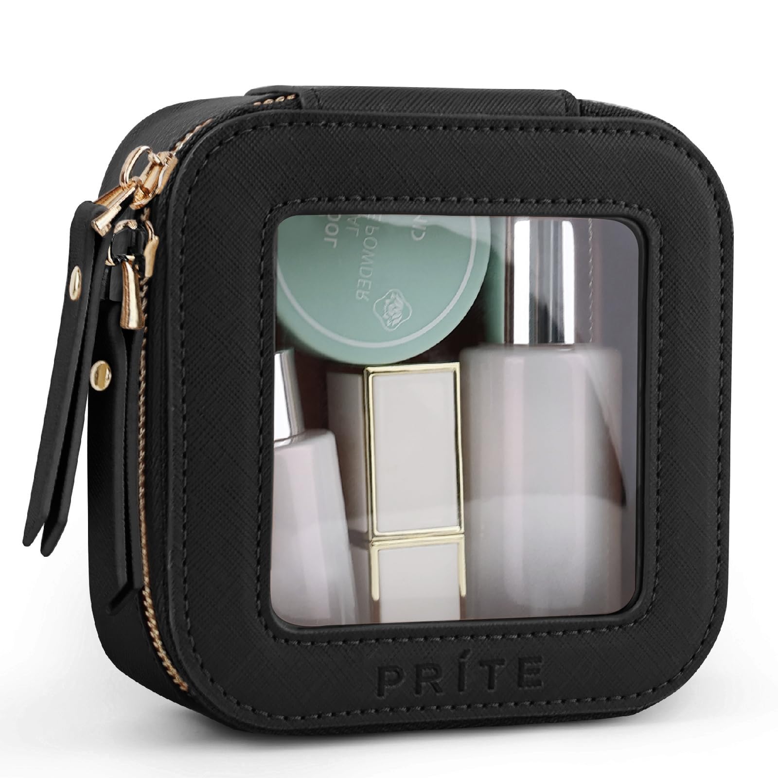Prite Small Clear Makeup Bag with Gift Box Mini Cosmetic Case Waterproof Travel Toiletry Pouch Car Essentials with Double Zippers (Black)