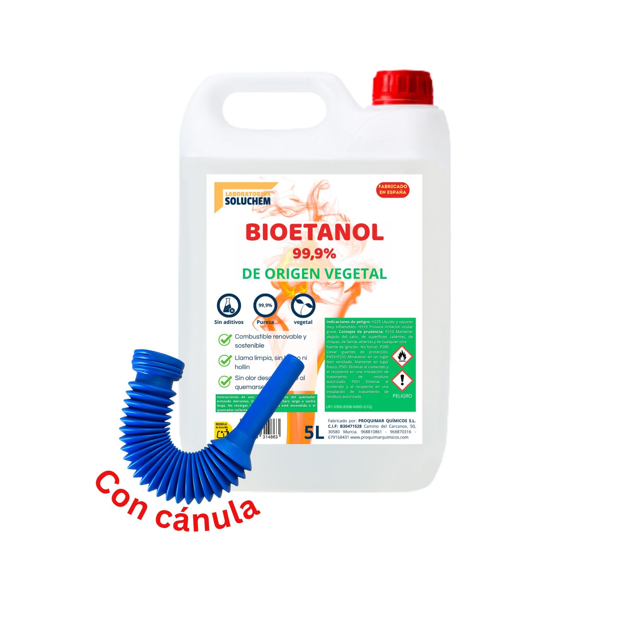 Bioetanol 99,9% Origen Vegetal | Con Cánula | Combustible Limpio para Chimeneas de Bioetanol | Sin Humo ni Olor | Ecológico y Renovable | Apto para Quemadores y Estufas de Bioetanol (5 litros)