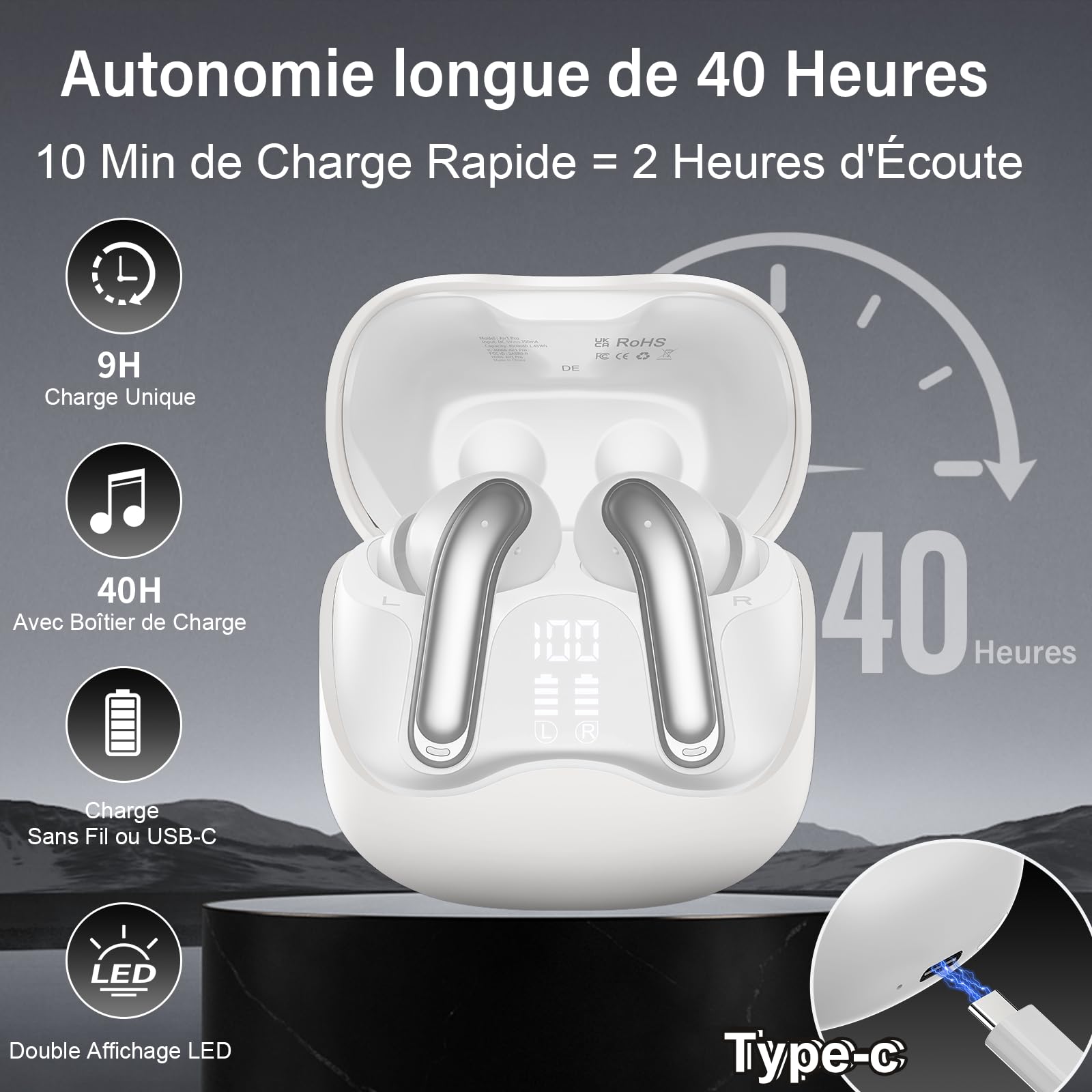 Écouteurs sans Fil à Réducteur de Bruit Hybride, Bluetooth 5.4, Hi-Res Audio Stéréo, 6 Microphones, 49H Autonomie, Charge sans Fil