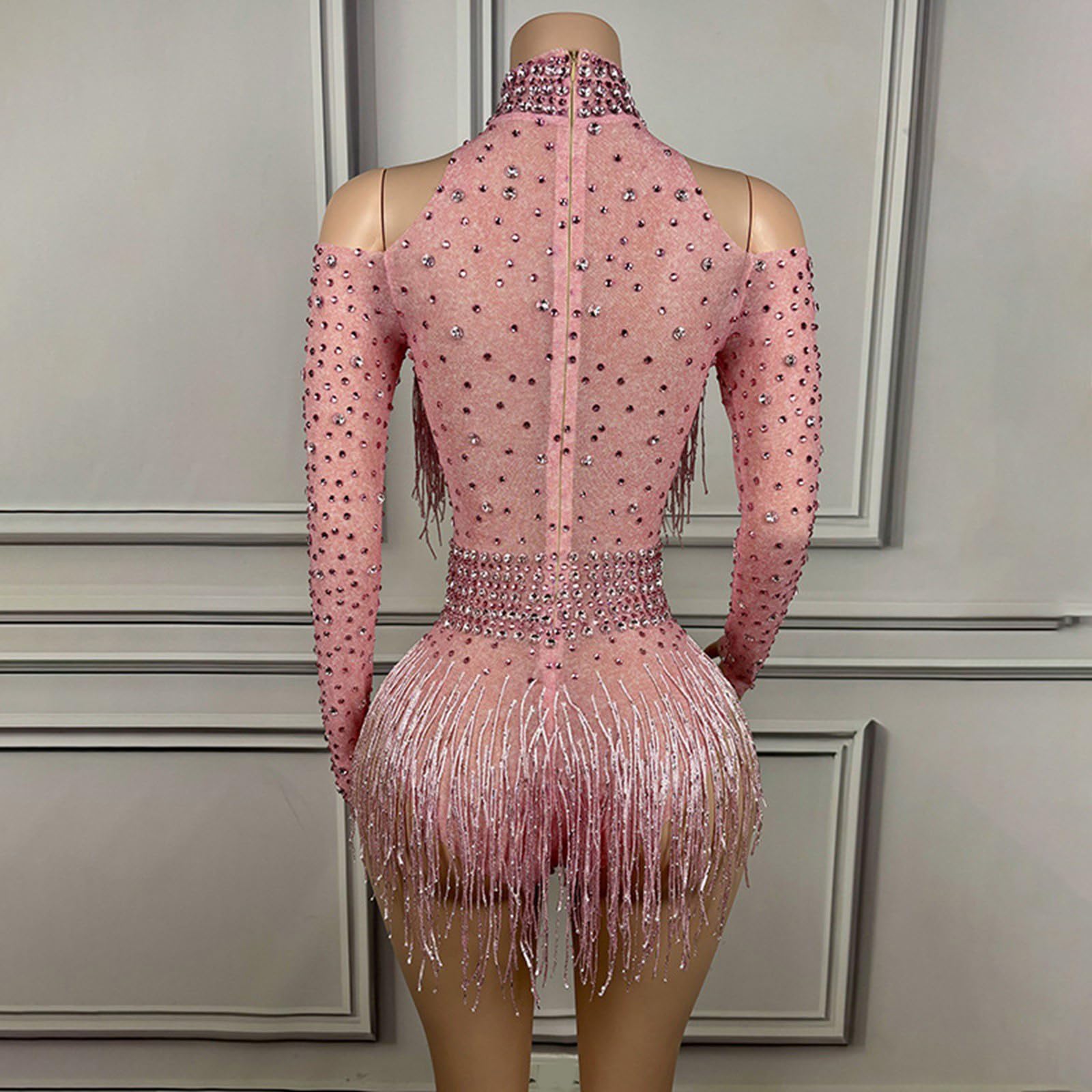 Body con flecos de diamantes de imitación para mujer, fiesta de cumpleaños, disfraz de noche, discoteca, baile, leotardo de manga larga con flecos brillantes para mujer