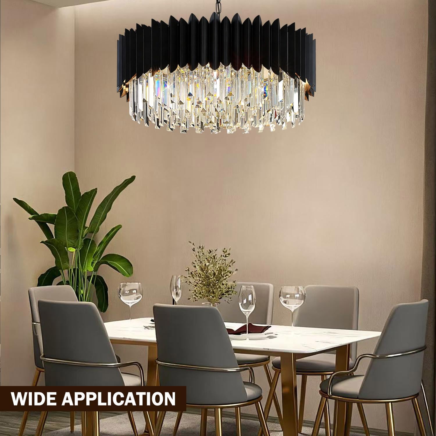 Black Crystal Chandelier 24'' K9 Crystal Round Pendant Lights Adjustable 5-Tier Large Modern Crystal Chandelier for Dining Room Living Room Kitchen Island Bedroom Foyer Entryway