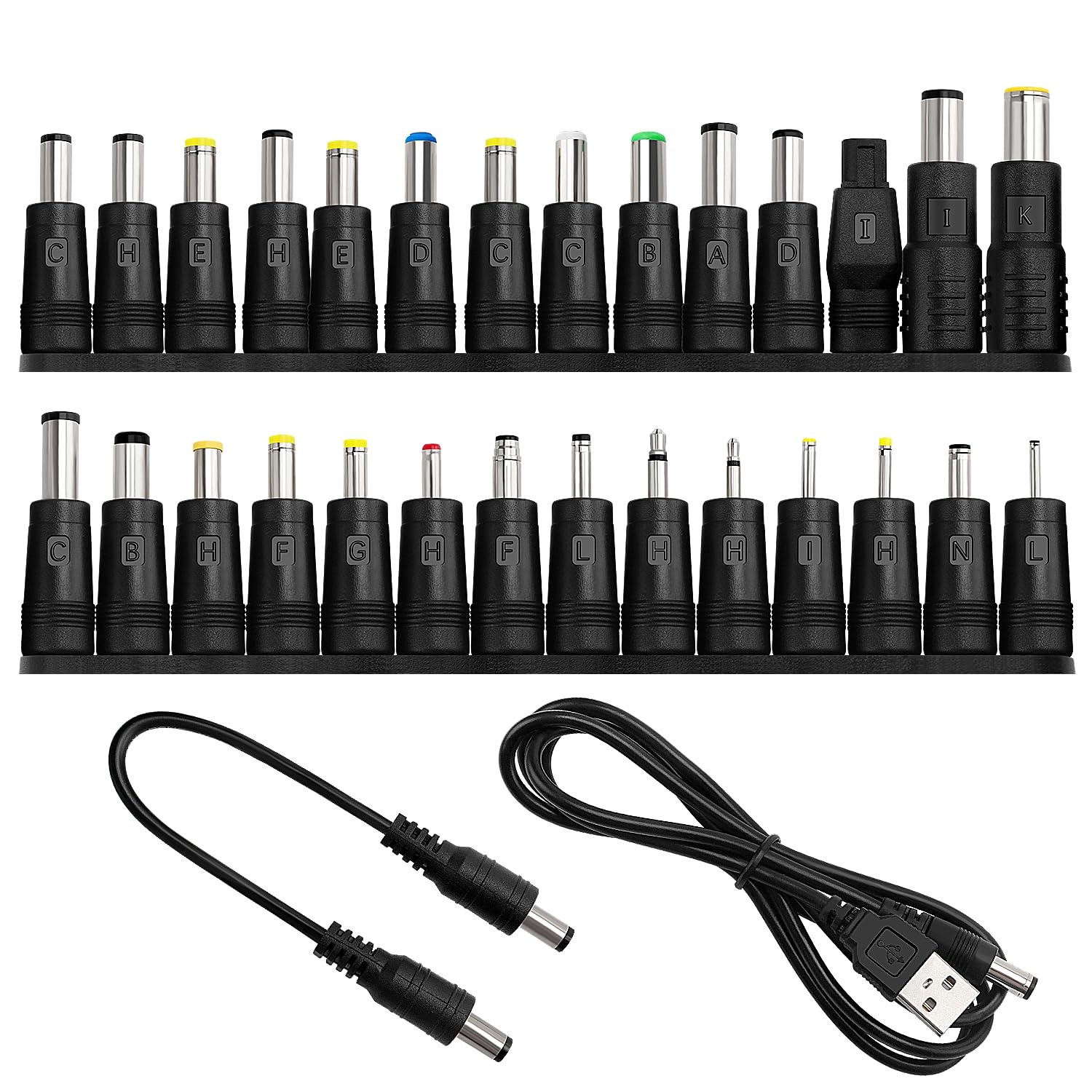 Universal DC Power Adapter Tips Kit, KUOQIY 28 PCS 5.5 X 2.1mm DC Barrel Jack Adapter, with 2 PCS Cable, for Fans, Routers, Desk Lamps, Computers