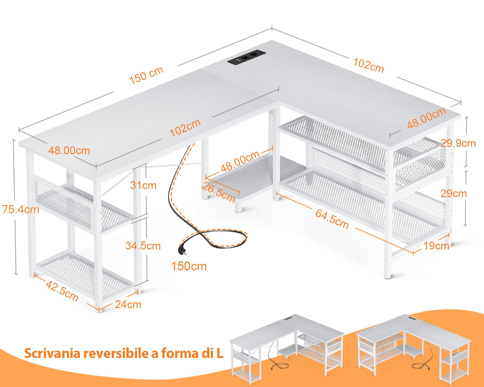 ODK Scrivania Gaming ad L con Design Reversibile, Scrivania con Ampio Spazio di Archiviazione, Scrivania ad Angolo con 2 Prese e 2 Porte USB, Bianco, 150×102 cm