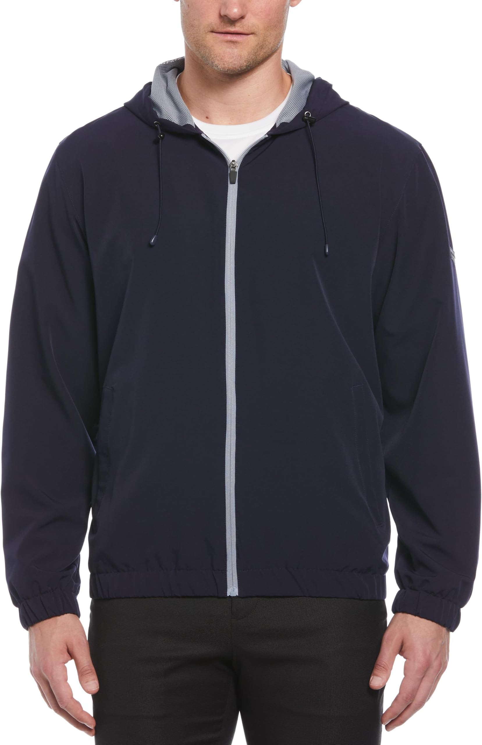 Men's Long Sleeve Full Zip Golf Jacket With Hood, Stretch, Water-repellent, Sun Protection, Front Pockets