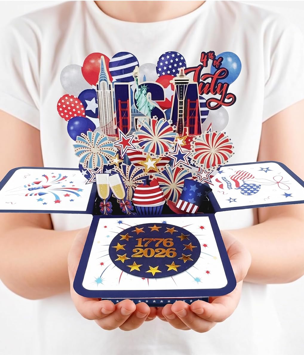 Photo 1 of Caughttui 250th Anniversary Independence Day Card, 3D Pop Up 4th of July Card, 1776 2026 USA Patriotic Gift for Men and Women, with Note Card and Luxury Envelope
