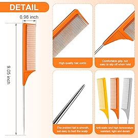 Leinuosen 3 Packs Rat Tail Comb Steel Pin Rat Tail Carbon Fiber Heat Resistant Teasing Combs with Stainless Steel Pintail (Orange, Ginger, Grey)