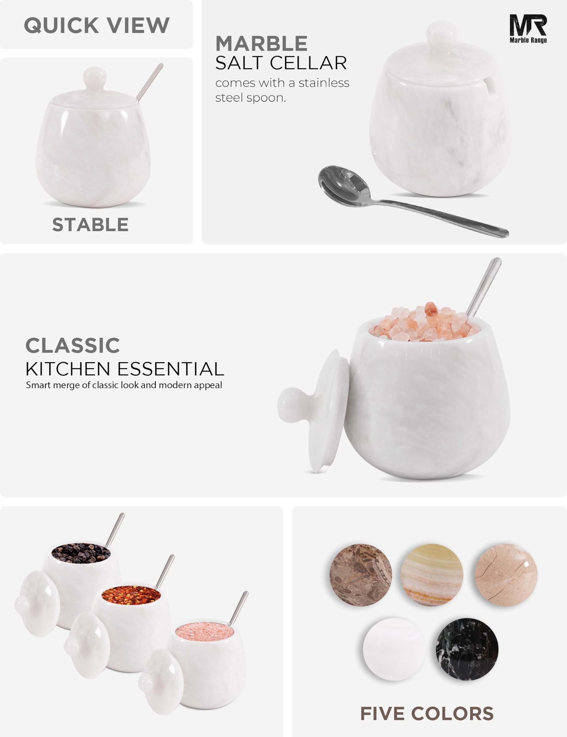 Salière en marbre avec couvercle 8,9 cm - Blanc - Récipient d'assaisonnement fait à la main pour le rangement de la cuisine - Idéal pour sucrier, pot à épices et salière pour table de cuisine