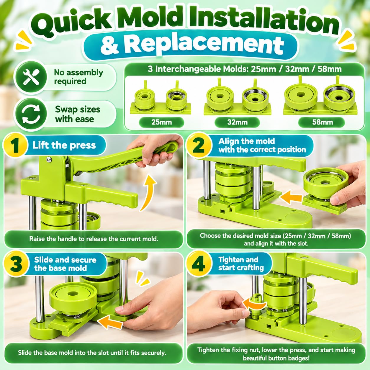 Machine à boutons - 25 mm/32 mm/58 mm - Kit de presse de badge personnalisé avec 300 pièces de bouton pour machine à épingler - Vert