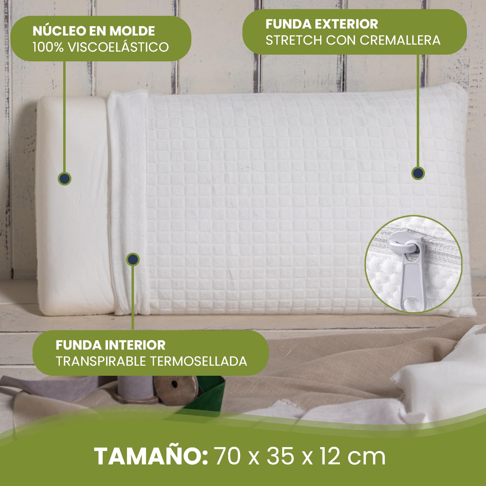 Pack 2 Almohadas Viscoelásticas 70 cm - Núcleo Compacto con Funda Interior + Funda Lavable con Cremallera - Memory Foam Adaptable Cuello - Termorreguladoras + Suaves y Ergonómicas