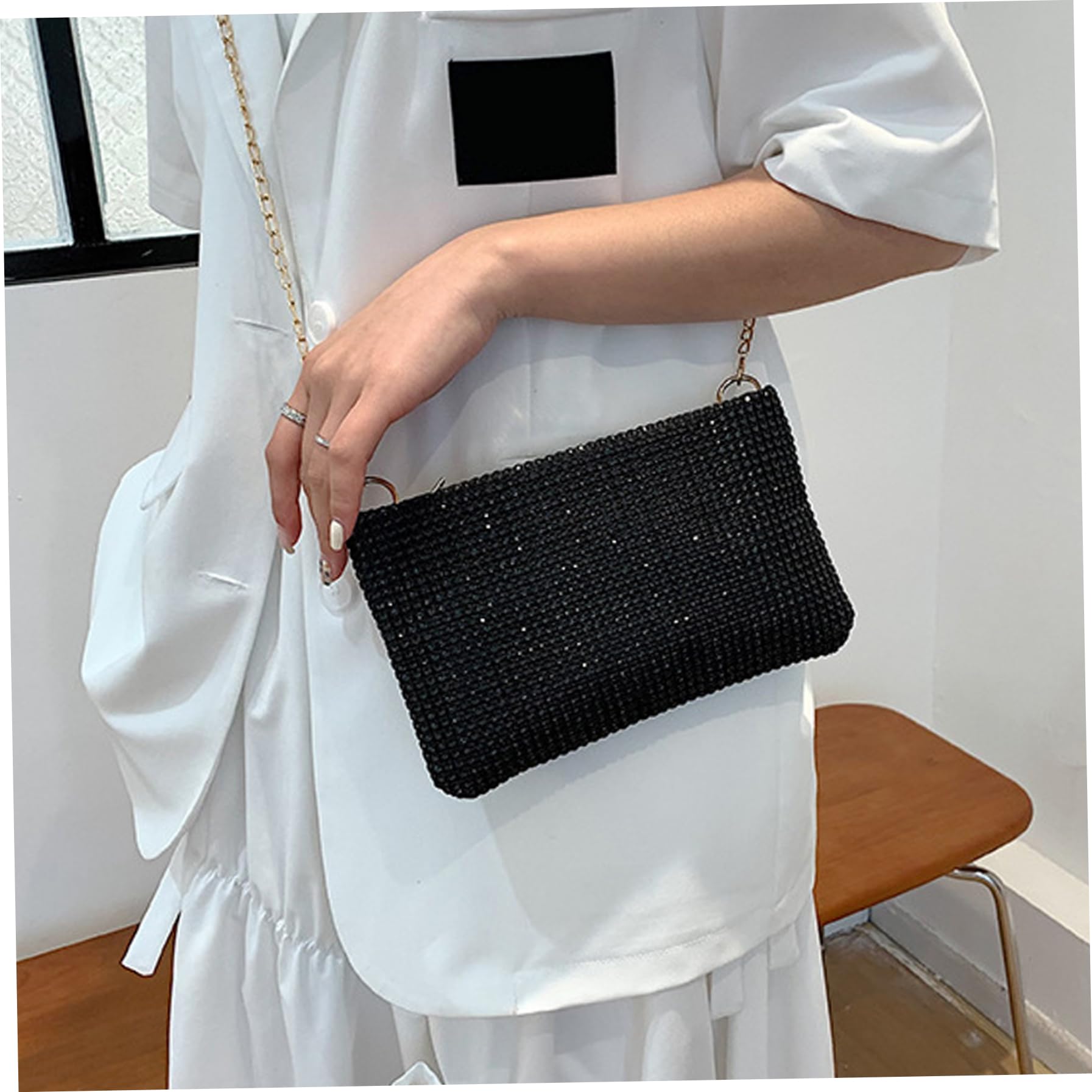 KUYYFDS Evening Bags for Women Sparkly Sequin Clutch Bags with Detachable Chain Strap and Zipper Bling Rhinestone Clutch Evening Bag Elegant Shoulder Bag for Cocktail Party Banquet Black