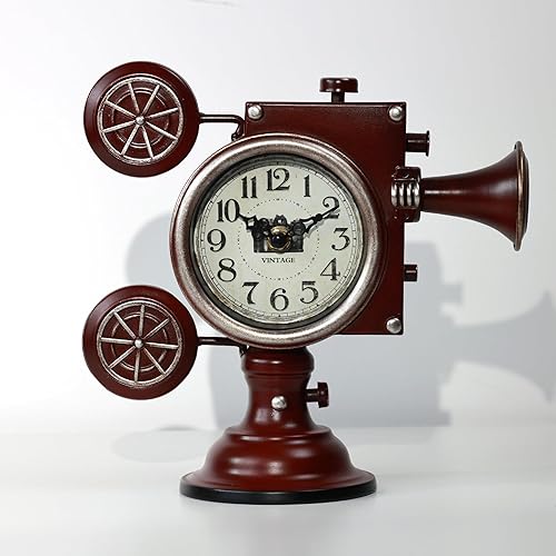 Vintage Film Projector Table Clock, Handmade Iron Movie Reel Desk Clock for Home Decor, Retro Camera Style Mantle Clock for Living Room & Office,