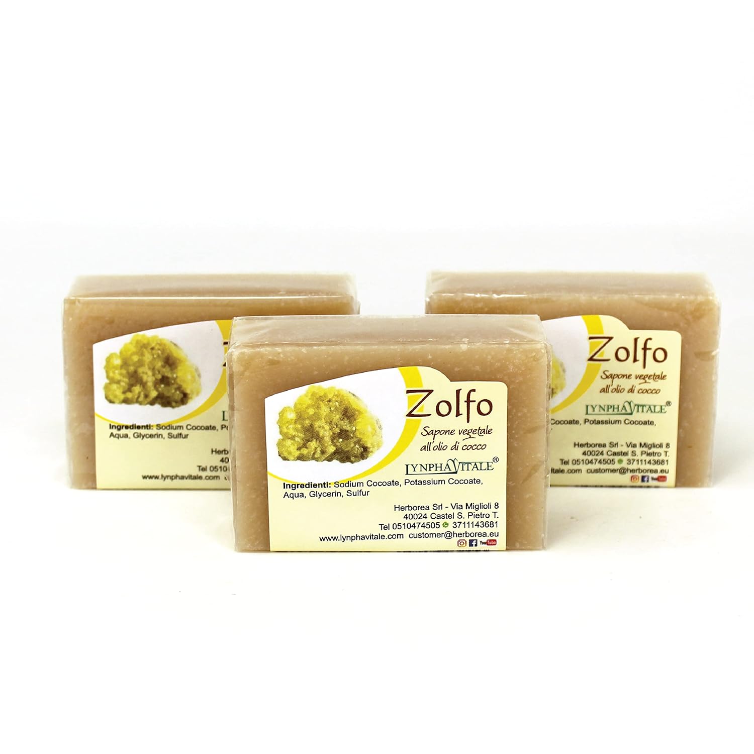 LYNPHA VITALE Sulfur Soap Bar - 100% Handmade Natural Bar Soap with Coconut Oil - Sulphur Soap ideal to Nourish and Heal Oily Skins - 3,5 oz - 3 Soaps Pack