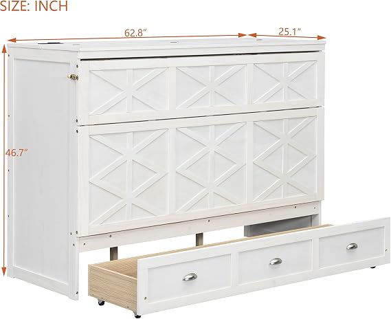 Merax Queen Size Murphy Bed, Wooden Queen Murphy Cabinet Bed with Large Drawers and USB Ports, Brushed White