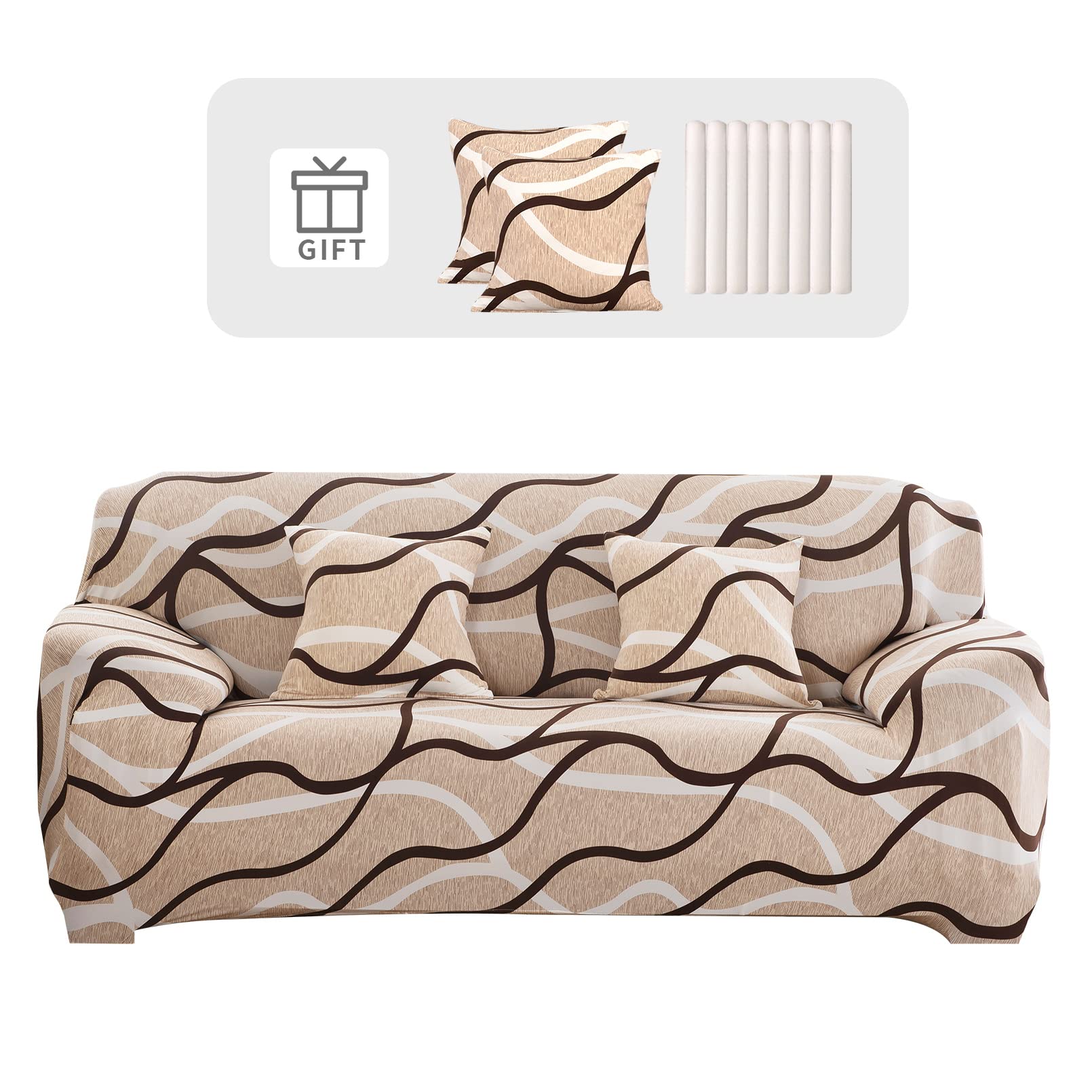 Lydevo Copridivano Elasticizzato 4 Posti Fodere Copri Divano con Braccioli con 2 Copricuscini Moderno Copridivano Fantasia Universale Antiscivolo Lavabile Divano Protector,Linee di Caffè