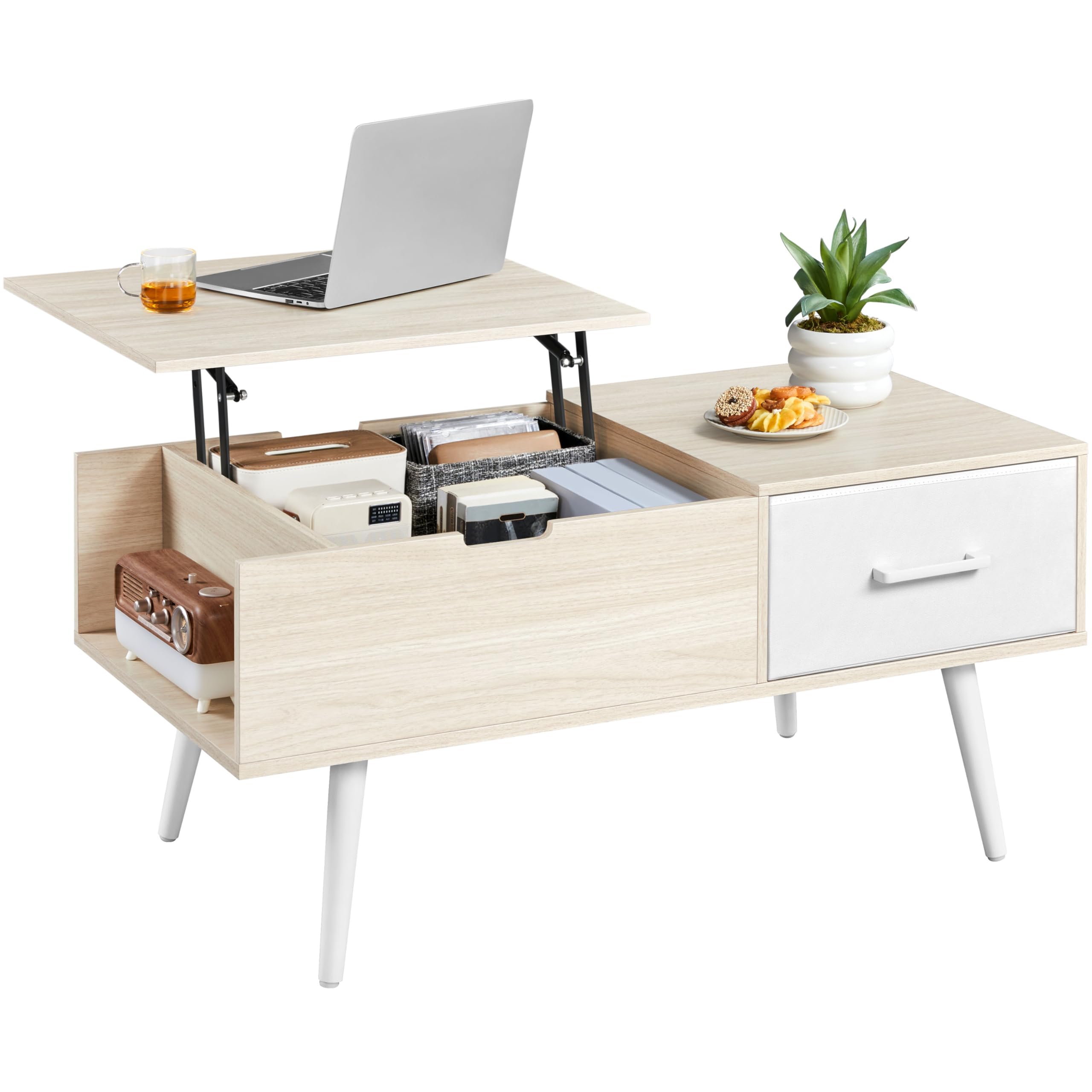 Yaheetech Mesa de Centro Elevable 100x50x45-59cm con Almacenamiento | Lateral y Oculto,Equipada de 1 Cajón y Patas de Madera para Salón y Cocina