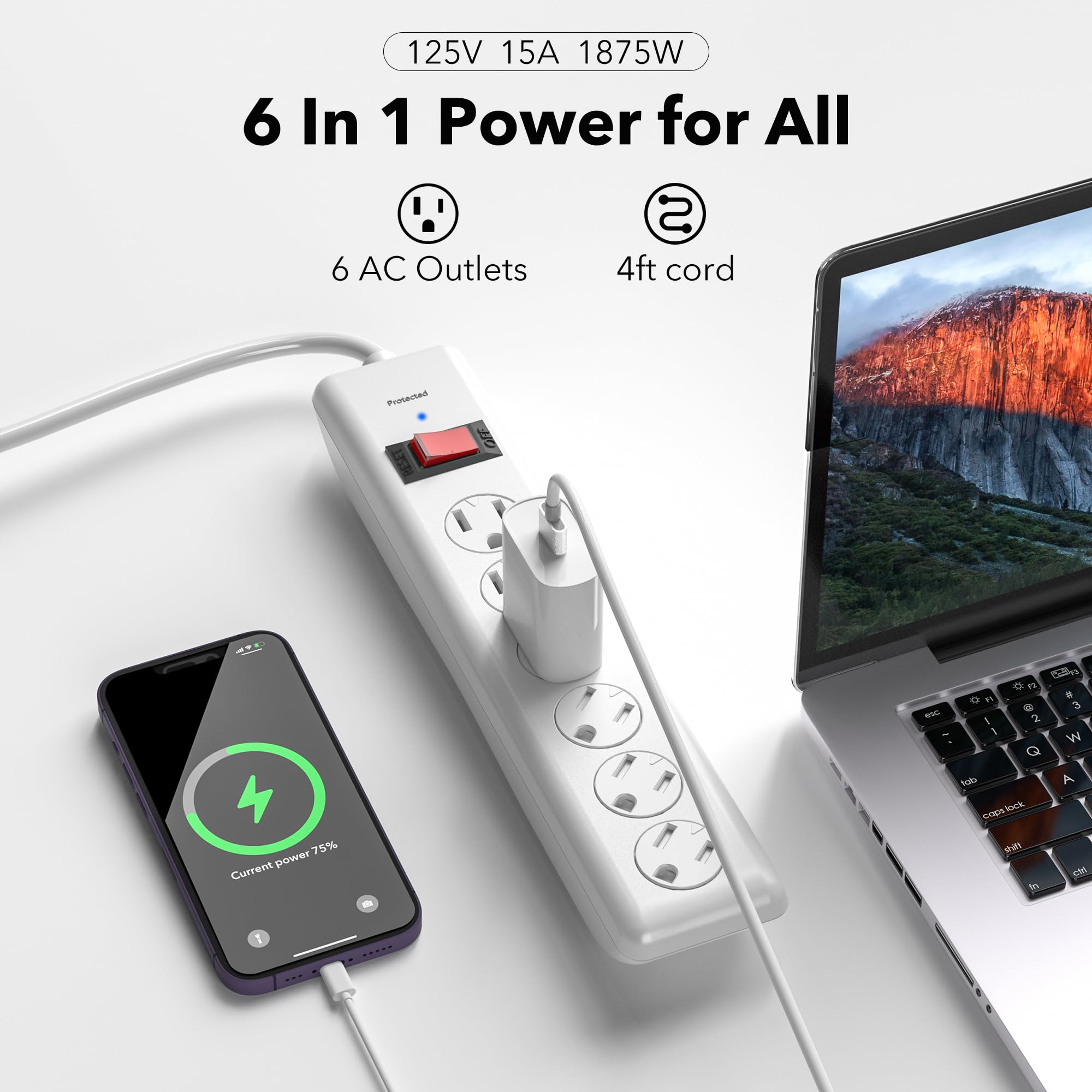 BN-LINK - Protección contra sobretensiones de 6 enchufes, 1 paquete, cable de extensión de 4 pies, 600 julios, tapas de seguridad giratorias para cerrar, enchufe plano de 90 grados, protección contra