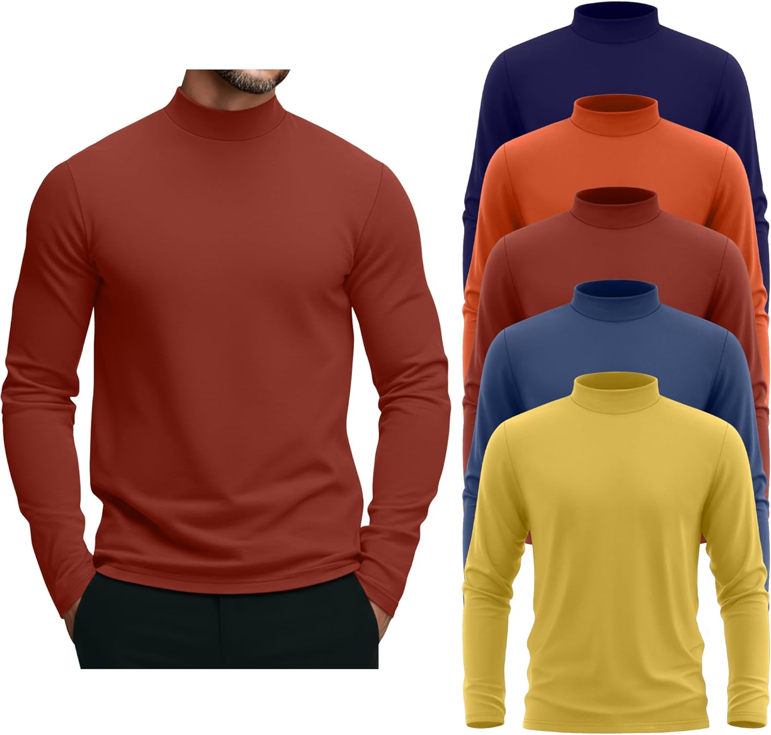 5 Pack Men's Mock Turtleneck Shirts, Long Sleeve Tops Pullover Basic Casual Slim Fit Lightweight T-Shirts Pack