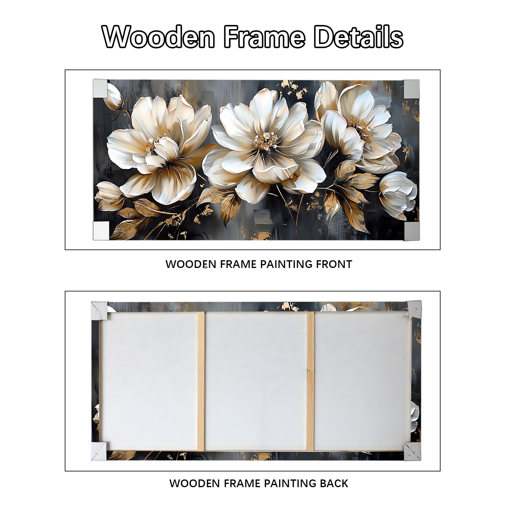 Mit Rahmen Leinwand Bilder Beige Pfingstrosen Blumen Bild auf Leinwand Malerei Poster Kunstdrucke Graue Goldene Blätter Bild Wandbilder Heim Restaurant Wohnzimmer Schlafzimmer Wanddekoration 50x120cm