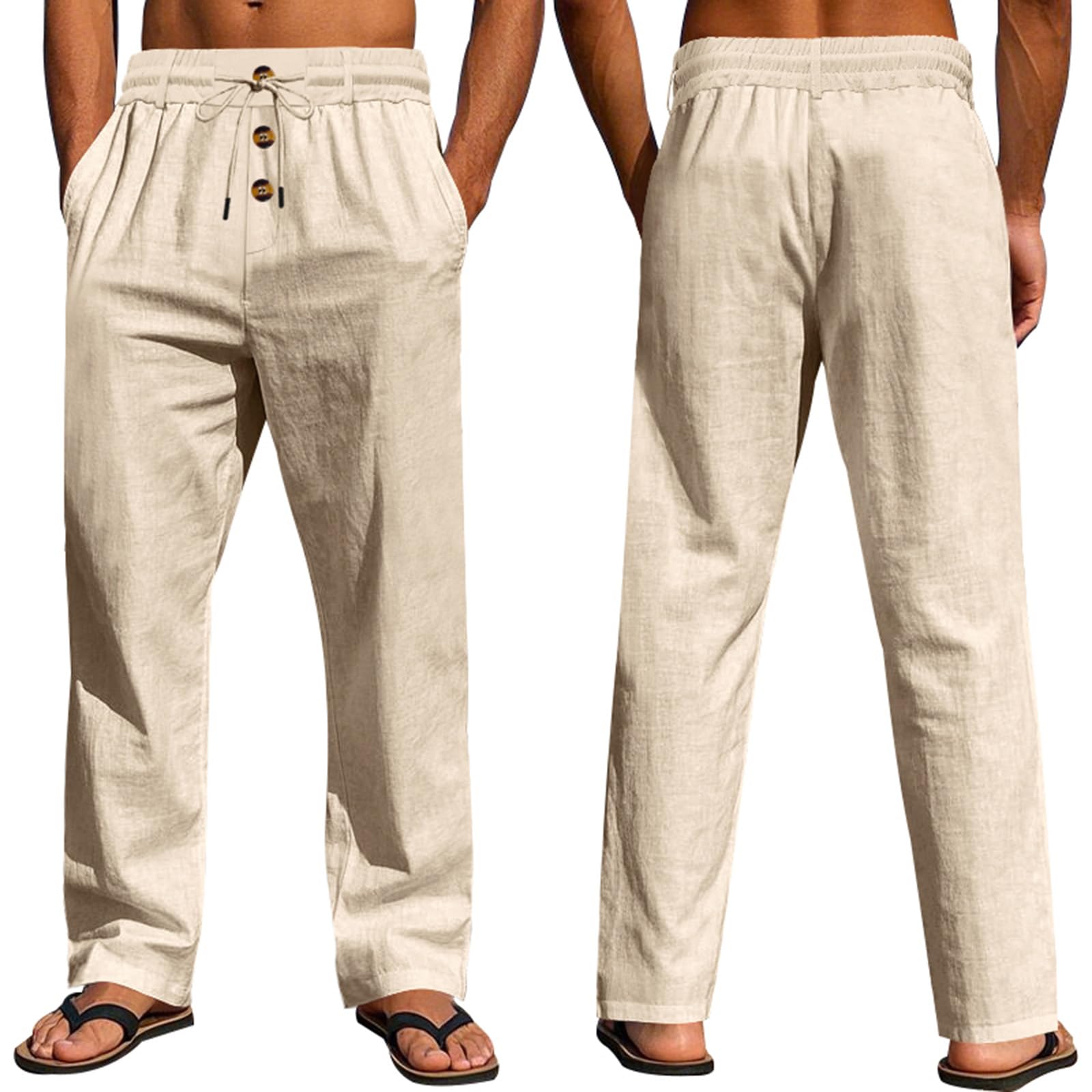 Generisch Gerade Bein Sommerhose Herren Lang Leinen Baumwoll Mix Kordelzug mit Taschen Bequeme und atmungsaktive Freizeit Hose