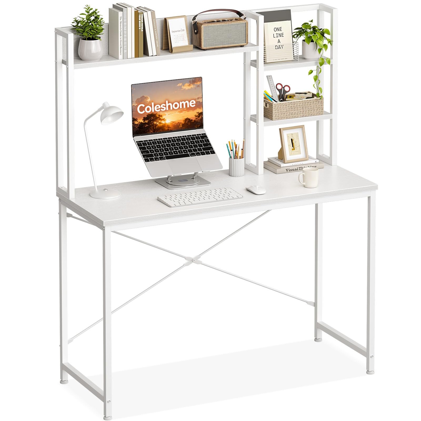 Coleshome Kleiner Schreibtisch mit Display Regal, 100×40 cm, Weiß | Computertisch mit Stauraum, Platzsparend, einfache Montage, Bürotisch für kleine Räume, Schminktisch oder Gamingtisch nutzbar