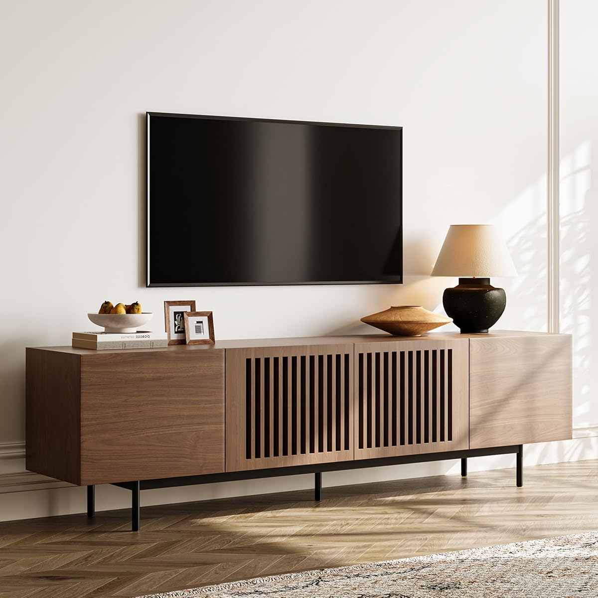POVISON Full Assembled Mid-Century Modern TV Stand with Slatted Doors, Wood Media Console for 75 Inch TV, TV Console with Tall-cast Metal Legs, Entertainment Center with Storage for Living Room