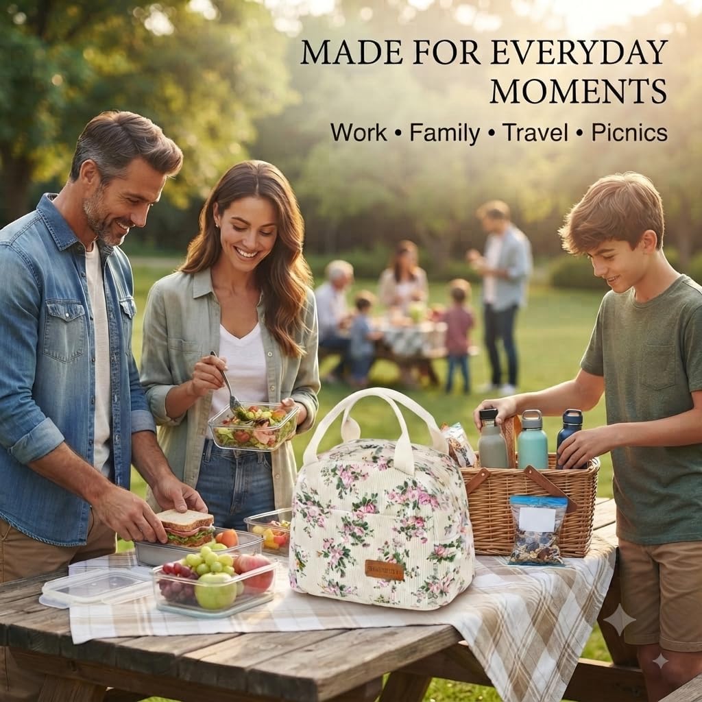 Corduroy Insulated Lunch Tote with Front Pocket for Women & Men, Leakproof Reusable Meal & Food Bag -Large Capacity for Office, Picnic & Travel (Corduroy floral)
