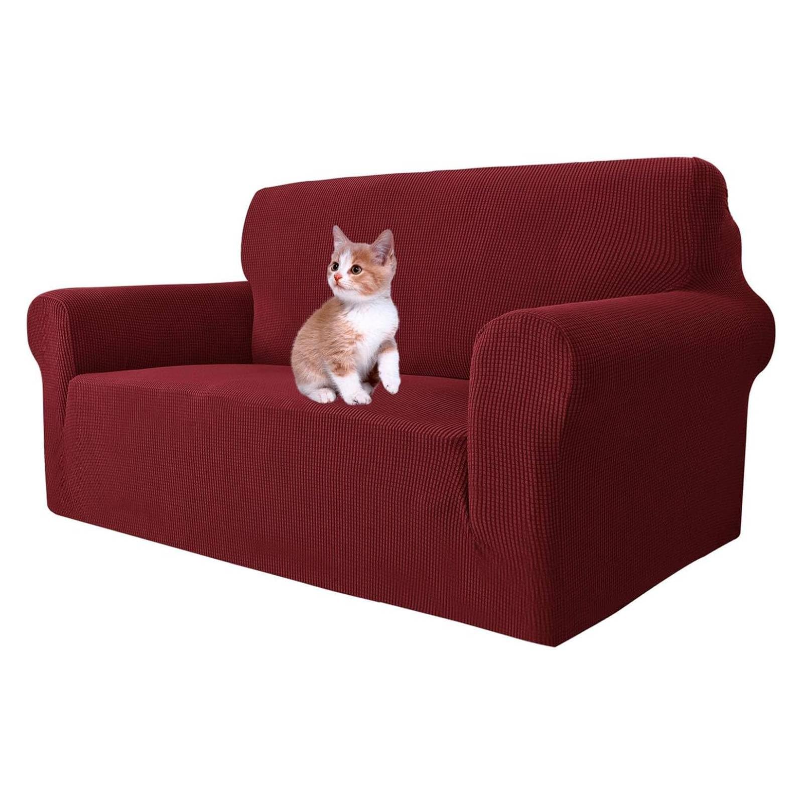 MAXIJIN Super Stretch Couch Cover for 2 Seater Couch, 1-Piece Universal Love Seat Covers Jacquard Spandex Sofa Protector Dogs Pet Friendly Fitted Loveseat Slipcover (2 Seater, Wine Red)