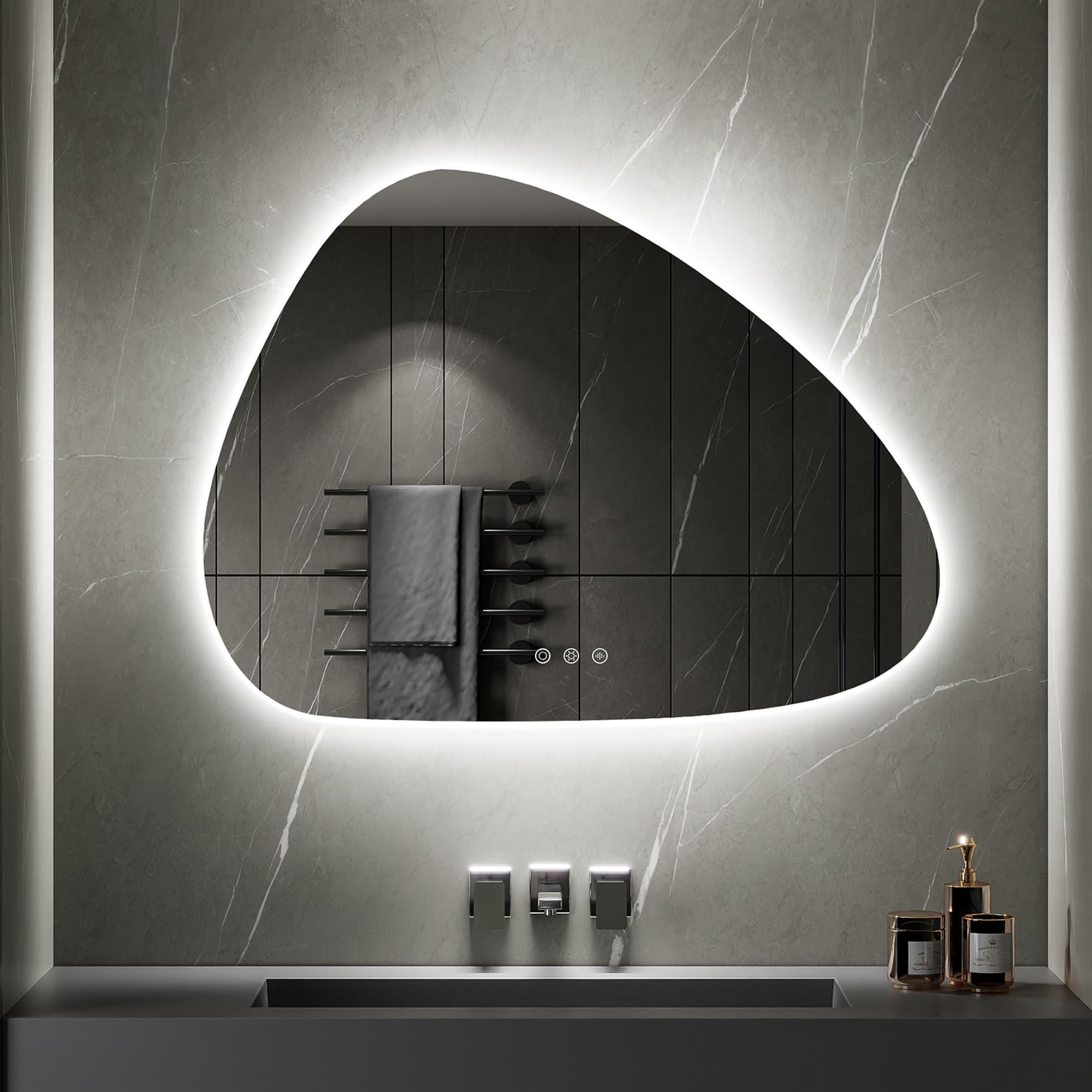 SANIVERRE GALEO Miroir Organique LED Lumineux 60 x 80 cm Tactile Anti-buée + intensité & Couleurs réglables + mémoire - réversible asymétrique