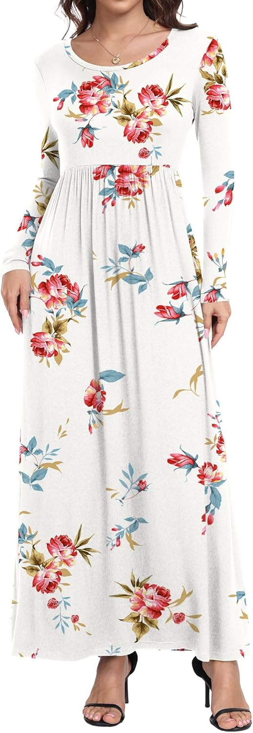 Women's Long Sleeve Loose Plain Long Maxi Casual Plus Size Dresses with Pockets,3XL Print White - Image 2