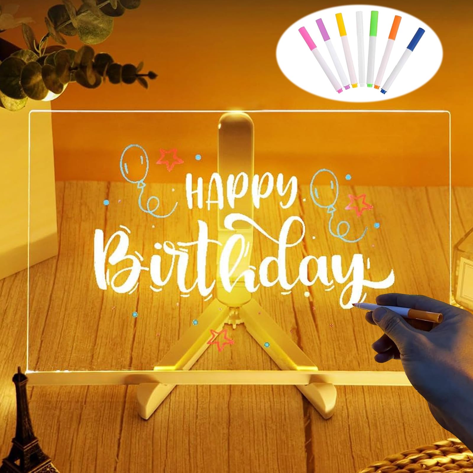 Acrylic Chalkboard with LED Lights, Acrylic Chalkboard LED Erasable 30 cm x 20 cm, 7 Colours Dry Erase Acrylic with Light, Acrylic Chalkboard, Acrylic Led Notice Board, for Mom, Dad, Children