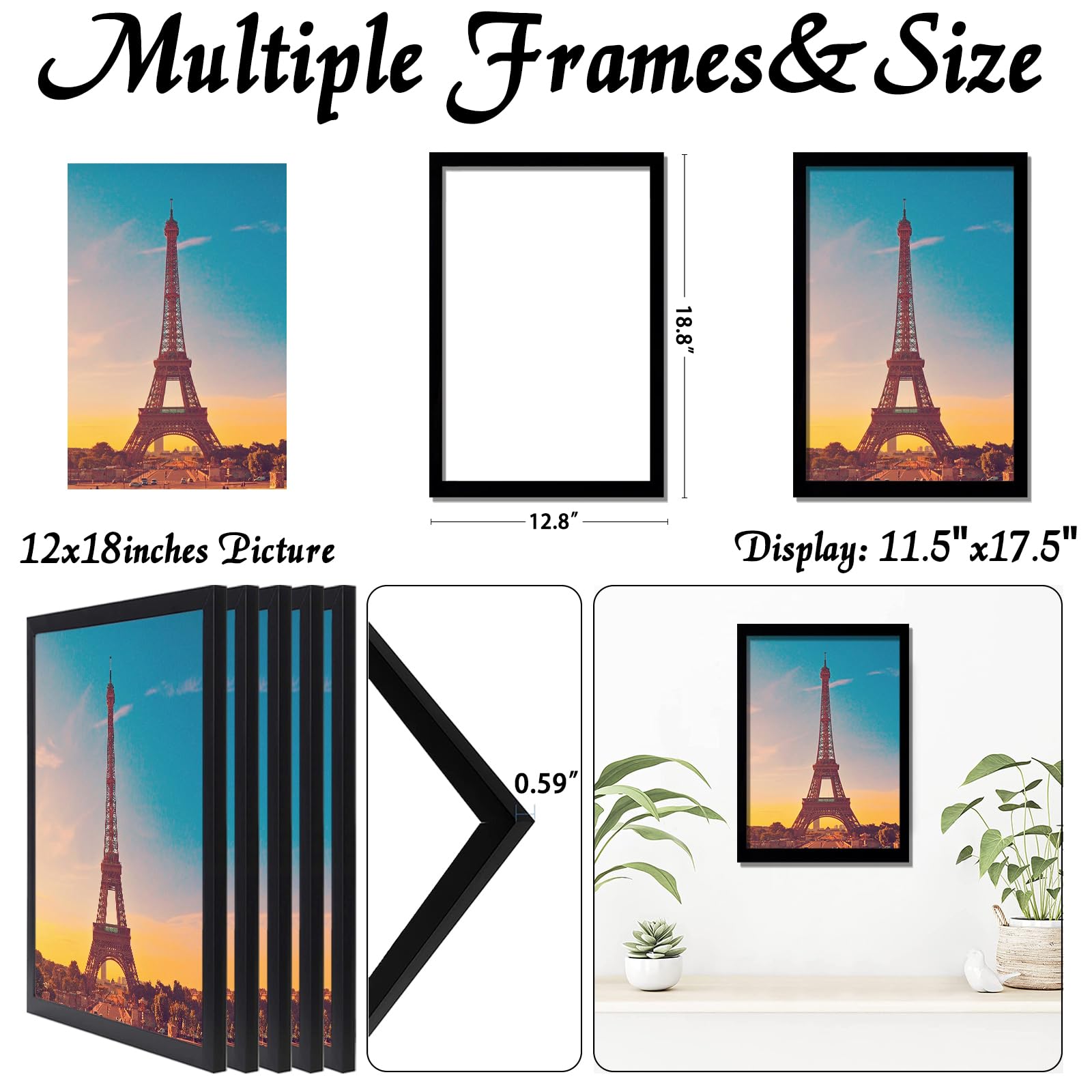 Fisnish 12x18 Picture Frame 5-Pack – Classic Black Poster Frames For Wall Mounting, Horizontal Or Vertical Display