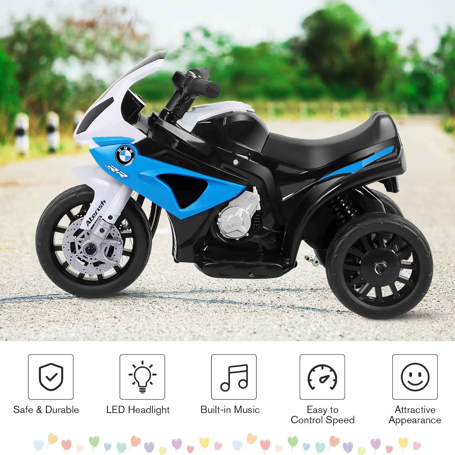 OLAKIDS Kids Ride on Motorcycle, 6V Licensed BMW Electric Motor with Music, Foot Pedal, Headlight, Leather Seat Cushion, 3 Wheels Battery Powered Tricycle Toy for Boys Girls (Sapphire)