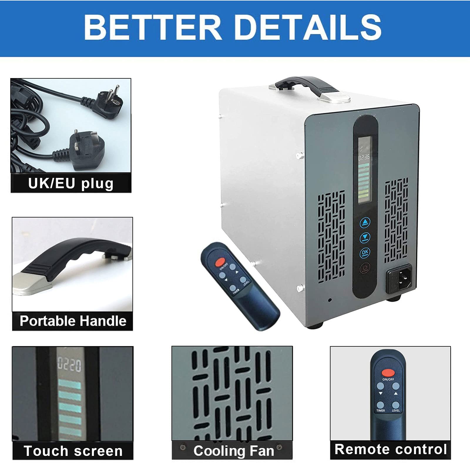 RDJSHOP Generador de Ozono con Pantalla Táctil Ozonizador con Mando a Distancia, Comercial Portátil Generadores de Ozono para Habitaciones Grandes, Fábricas, Bares,White-20000mg/h