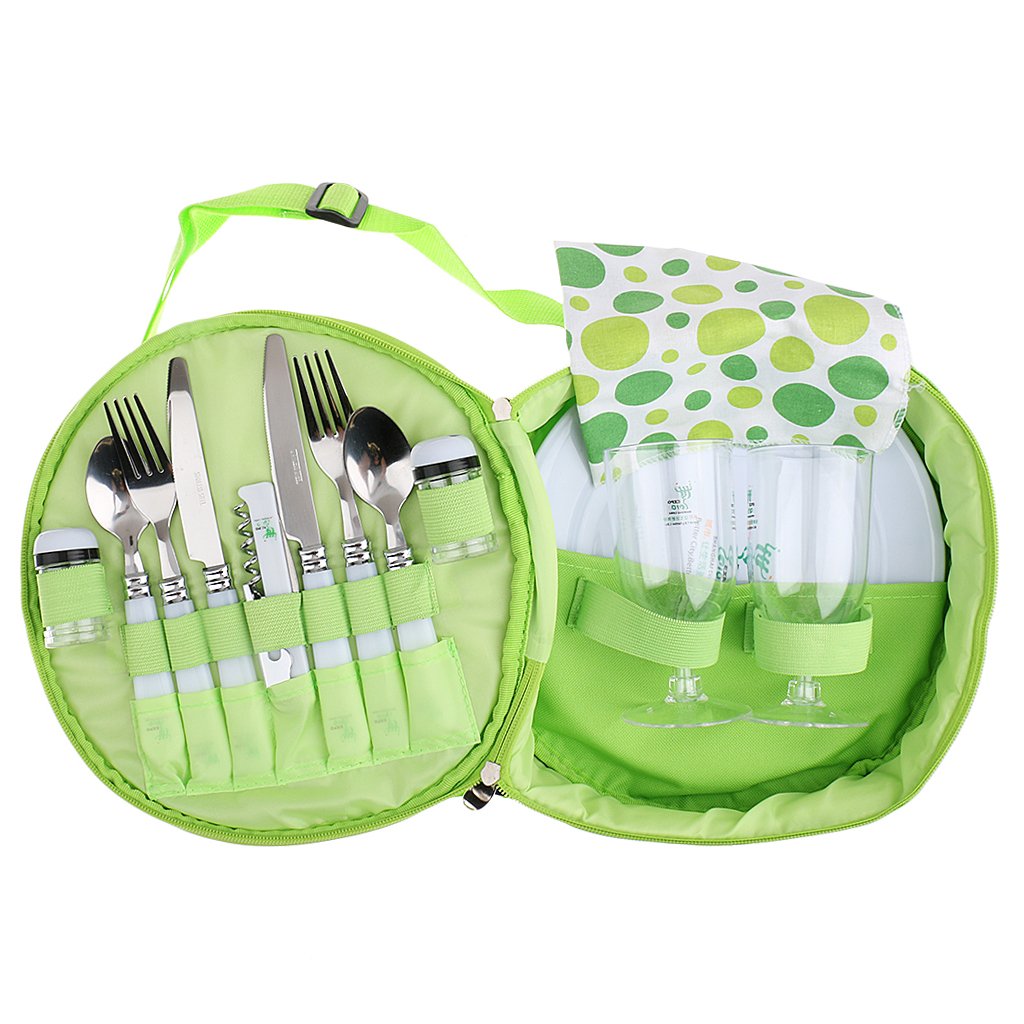 Camping Set Pique-nique 2 Personnes Sac Ronde Portable avec Couverts,Verre, Bouteilles de Poivre,Ouvre-bouteille - vert, 26cm x 26cm x 8cm