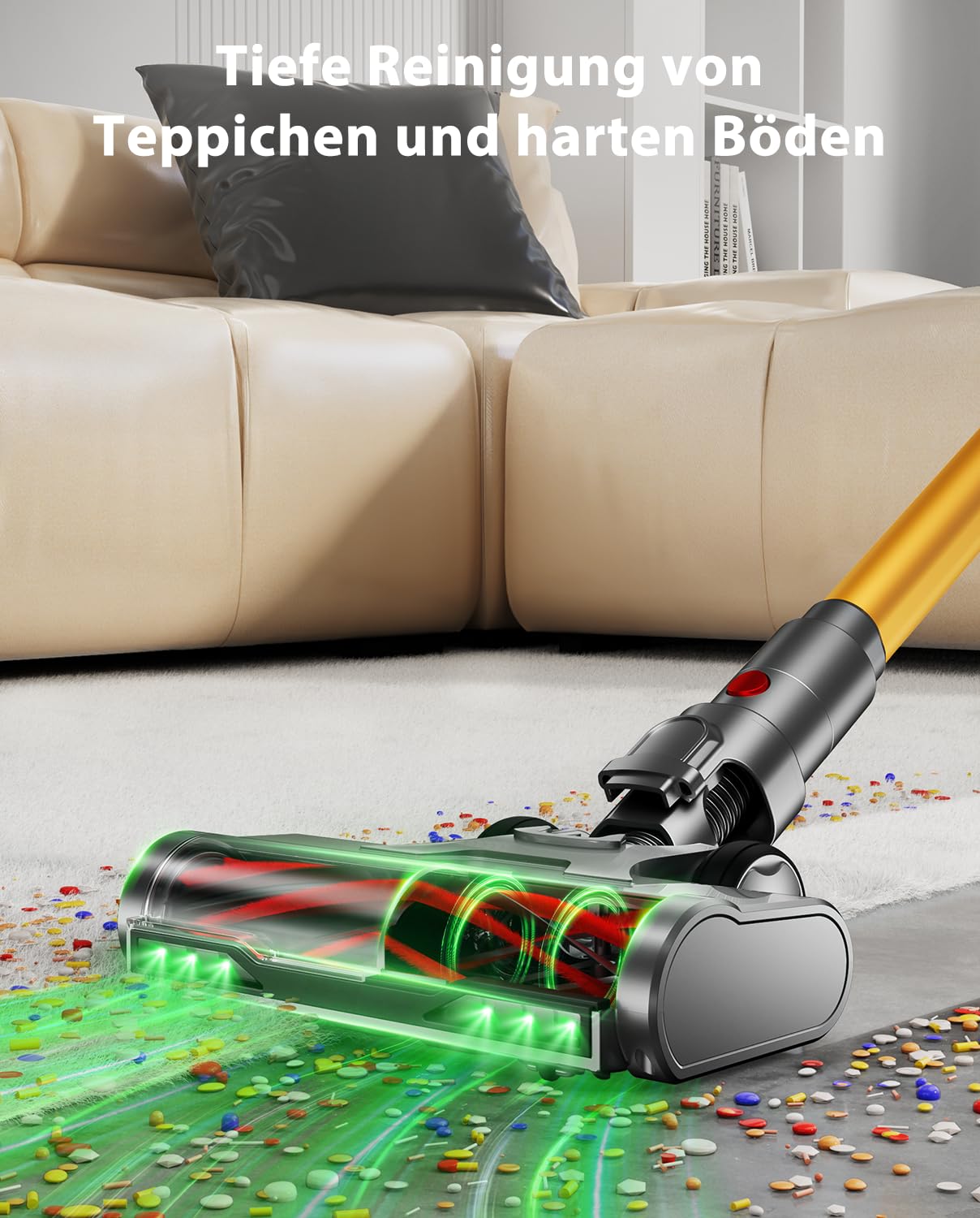 Akku Staubsauger, 50kPa/650W/70Min Staubsauger Kabellos,mit OLED-Display und 1,8-Liter-Behälter, Leistungsstarker, Geeignet für Teppiche, Hartböden und Haare