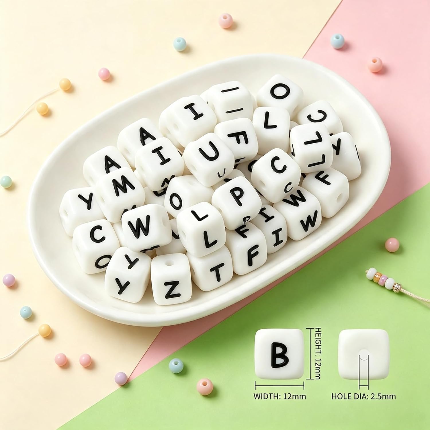 280 Pcs 12mm Square Silicone Letter Beads Set for Crafts and Gifts, 10 Complete A-Z Letter Sets with 10 Star-Pattern and 10 Heart-Pattern Beads, Silicone Beads with Storage Box (White)
