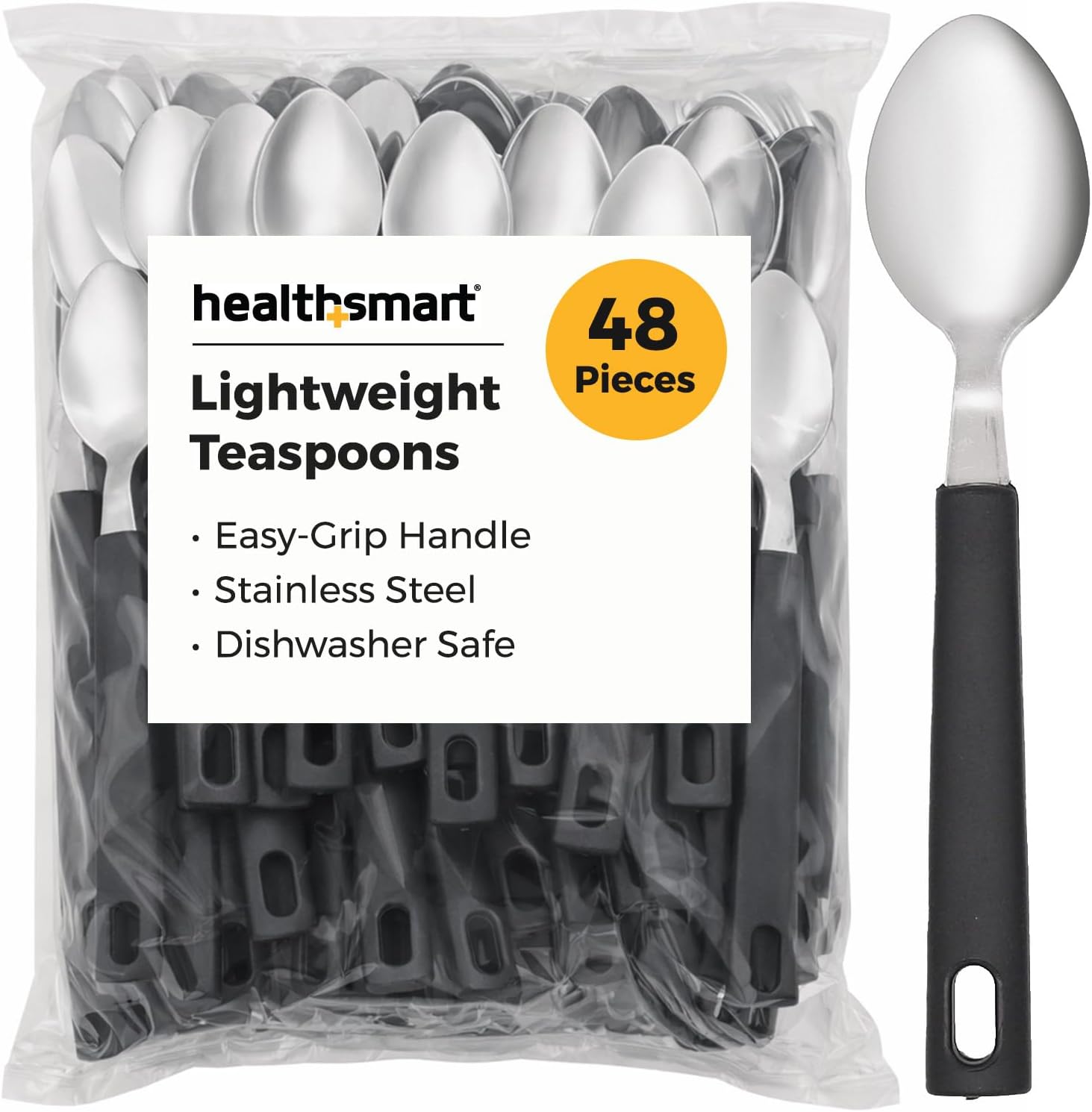 HealthSmart Lightweight Teaspoon Adaptive Utensil Set, Bulk 48-Pack – Stainless Steel Eating Utensils for Elderly, Easy-Grip Silverware for Limited Mobility, 6-1/4", 25g