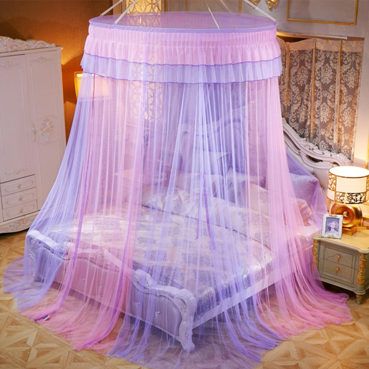 BESTYASH Moustiquaire Dome Suspendue pour Lit, Filet Léger en Fibre de Polyester et Fil de Fer, Style Romantique Dentelle, pour Chambre à Coucher Élégante