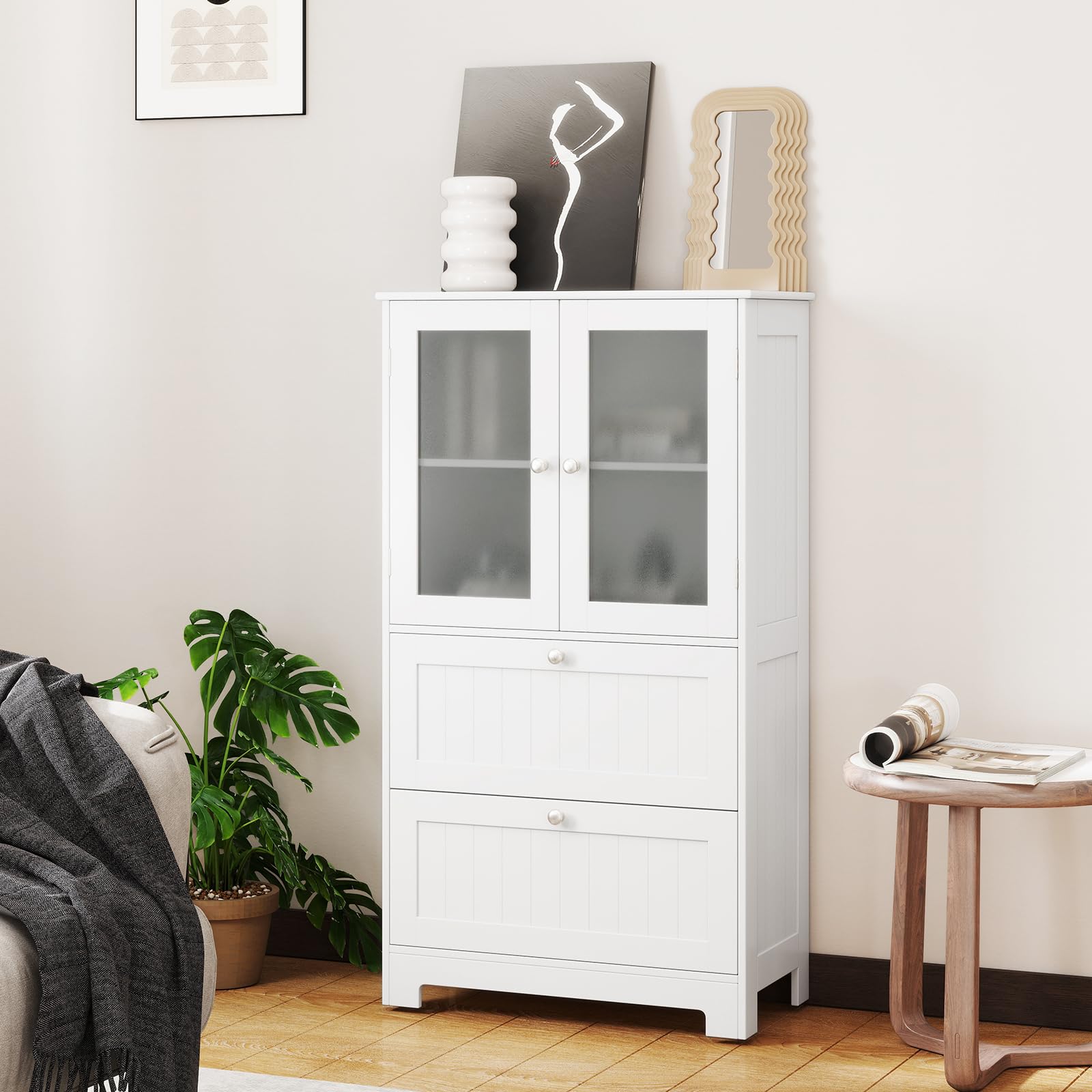 GOPLUS Meuble Salle de Bain, 60 x 30 x 108 CM, Colonne Salle de Bain avec 2 Portes en Verre Trempé, Plateau Grand, 2 Tiroir Coulissant, Étagère Réglable sur 3 Niveaux, Idéal pour Salon, Cuisine, Blanc
