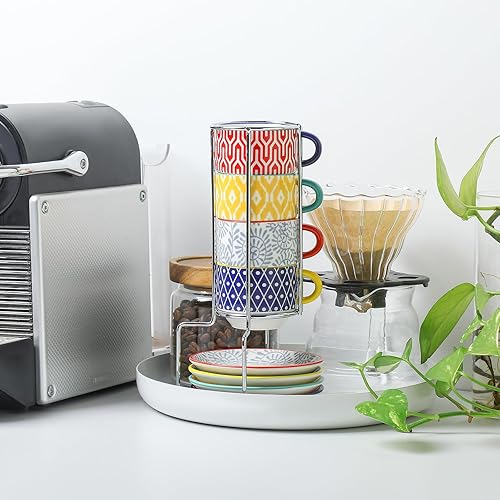 Miniatura 7 de Selamica Tazas de capuchino de cerámica con platillos y soporte de metal, tazas de café espresso apilables de 8 onzas para café, café con leche,