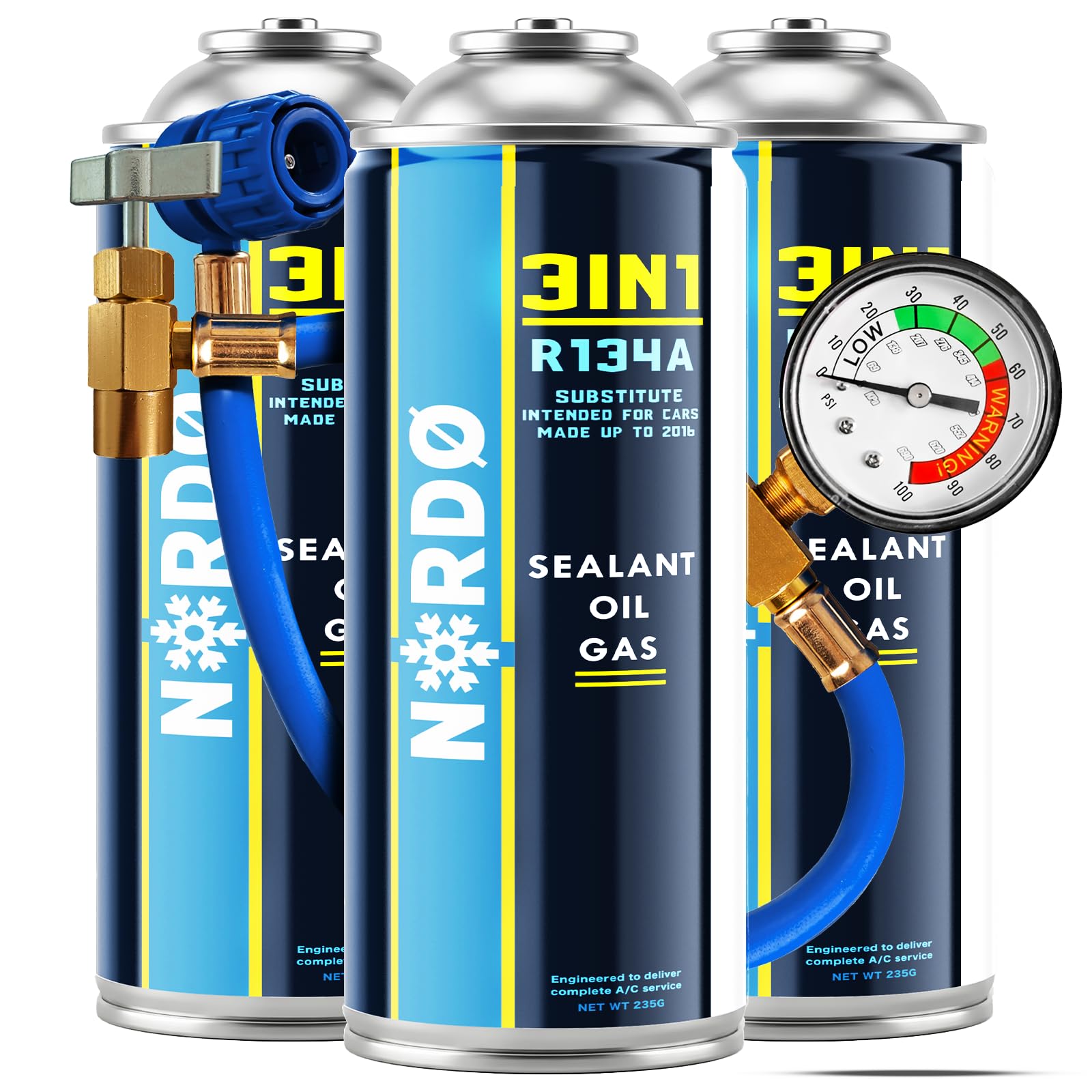 Nordo - Kit di ricarica per climatizzatore 3in1 R134a – 3x 235 g di gas 3in1 con tubo di ricarica – Kit con manometro