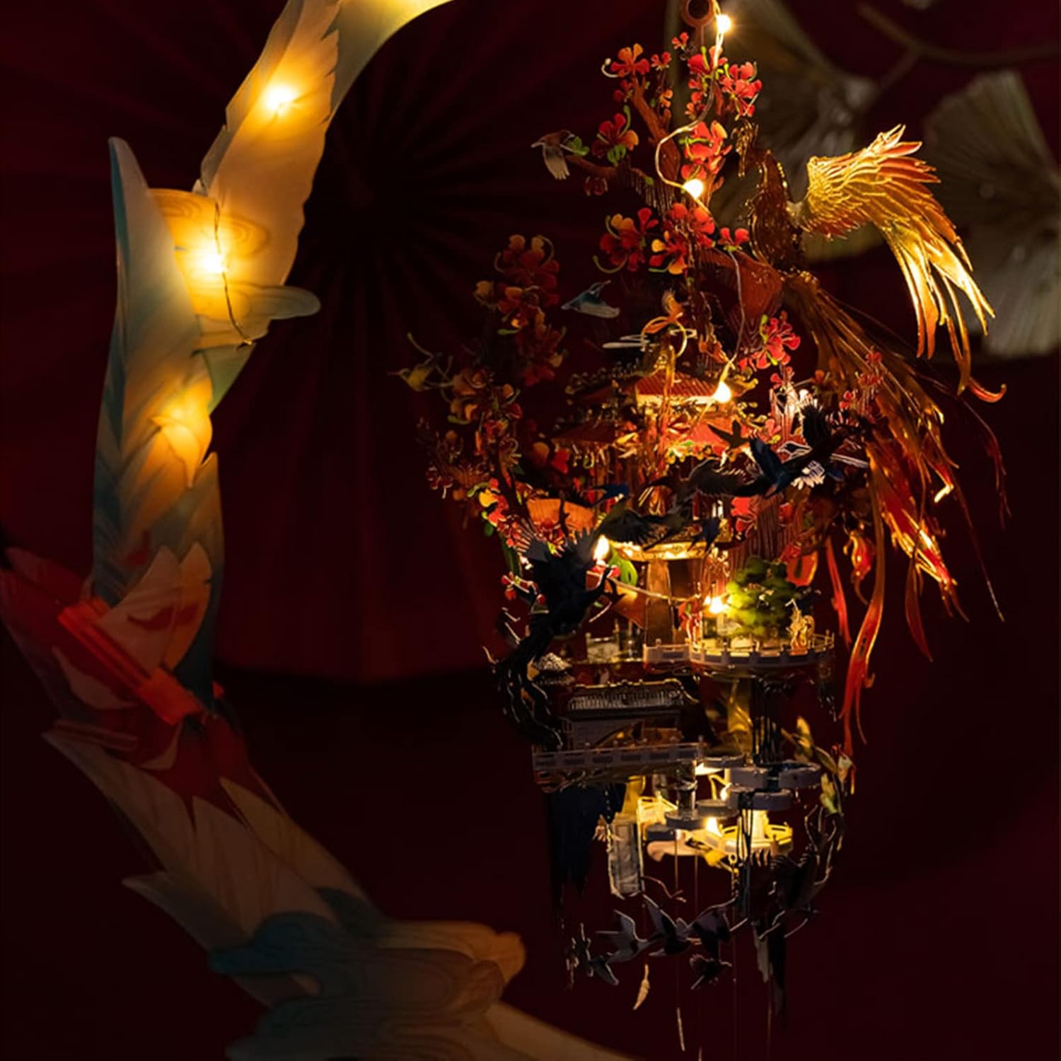MU 3D Metal Puzzle Magic Fire Phoenix, Birds' Praise to Phoenix Metal Model Kits Building, Lighting Ancient Chinese Palace with Bracket DIY Miniature Building, Birthday Housewasrming Gift Home Decor