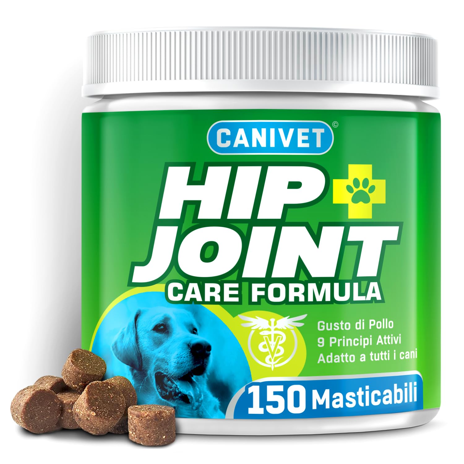Hip + Joint Cani Articolazioni | 150 x Masticabili | con Cozza Verde, Glucosamina, Condroitina, Olio Canapa, MSM, Acido Ialuronico, Manganese | Integratore Articolazioni Cane Gusto Pollo