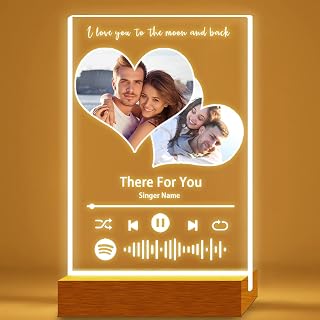 Custom Valentines Day Gifts for Him Her, Personalized Spotify Acrylic Plaque with Photo, Customized Night Light Frame for Boyfriend Girlfriend, Romantic Gifts for Couples (2 Photos-Heart)