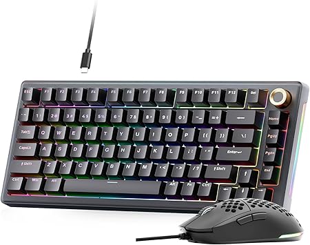 TMKB Gaming Keyboard and Mouse Combo, T81E Gasket Mechanical Gaming Keyboard + Falcon M1SE Ultralight Gaming Mouse - 75% Hot-Swappable Keyboard with Knob & Honeycomb Mouse, RGB Backlit, Black