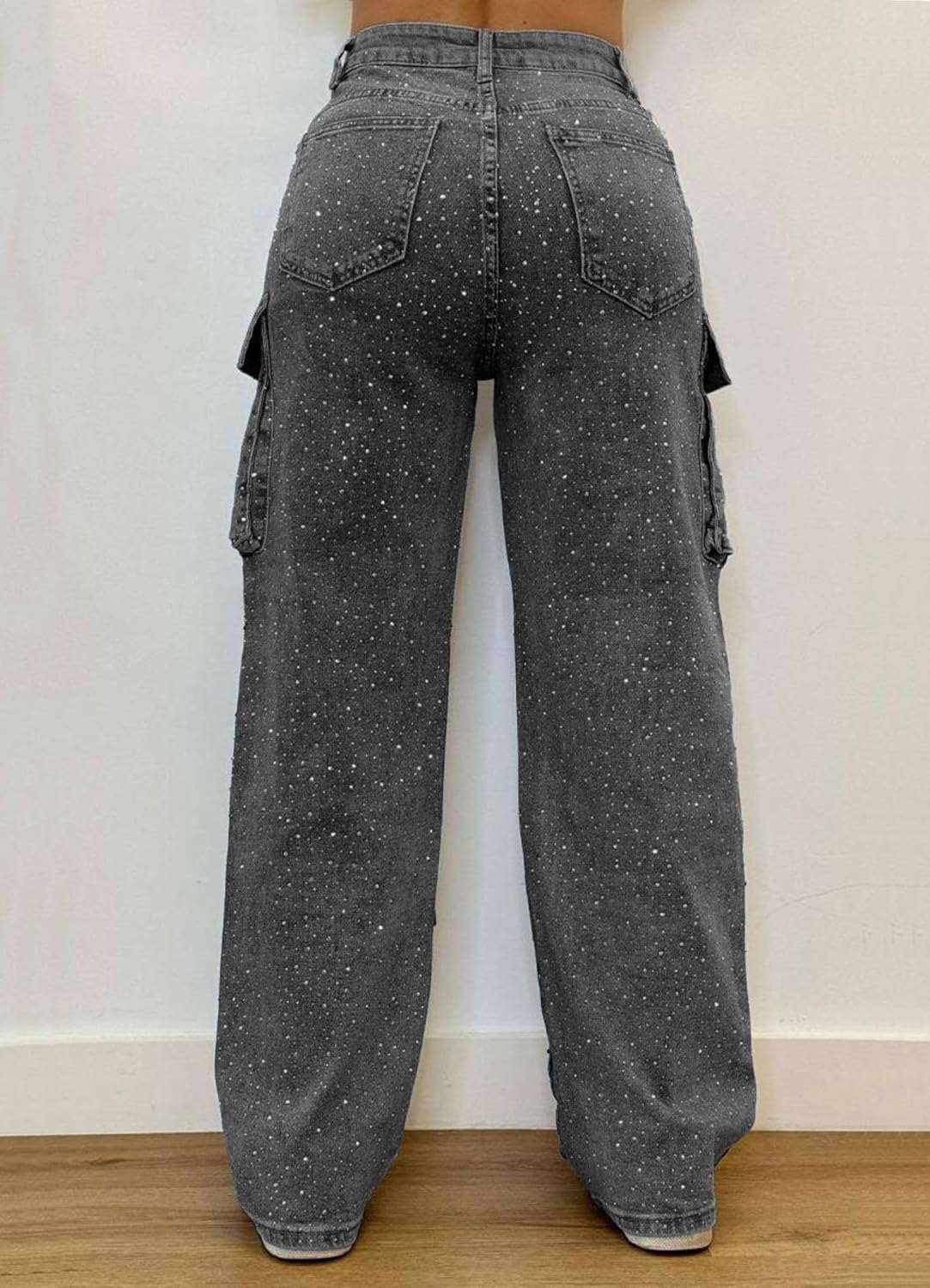 Womens High Waisted Rhinestone Jeans Black Straight Chic Baggy Wide Leg Bling Denim Pants Loose Fit Pearl Jeans