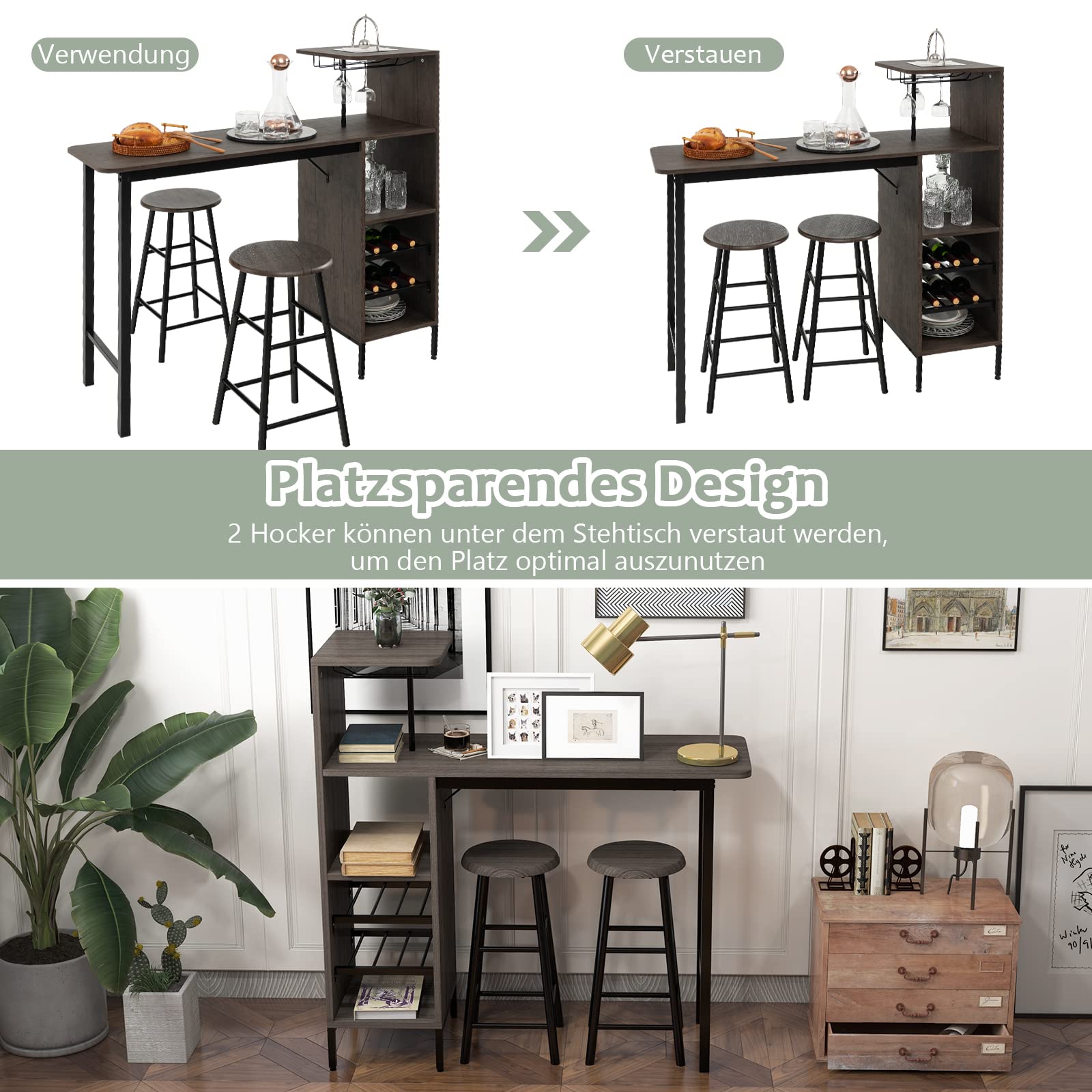GOPLUS Bartisch mit Barhocker, 3-teiliges Bistrotisch-Set mit Glashalter & Lagerregalen, Kneipentisch mit 2 Hockern für Esszimmer, Restaurant & Kneipe