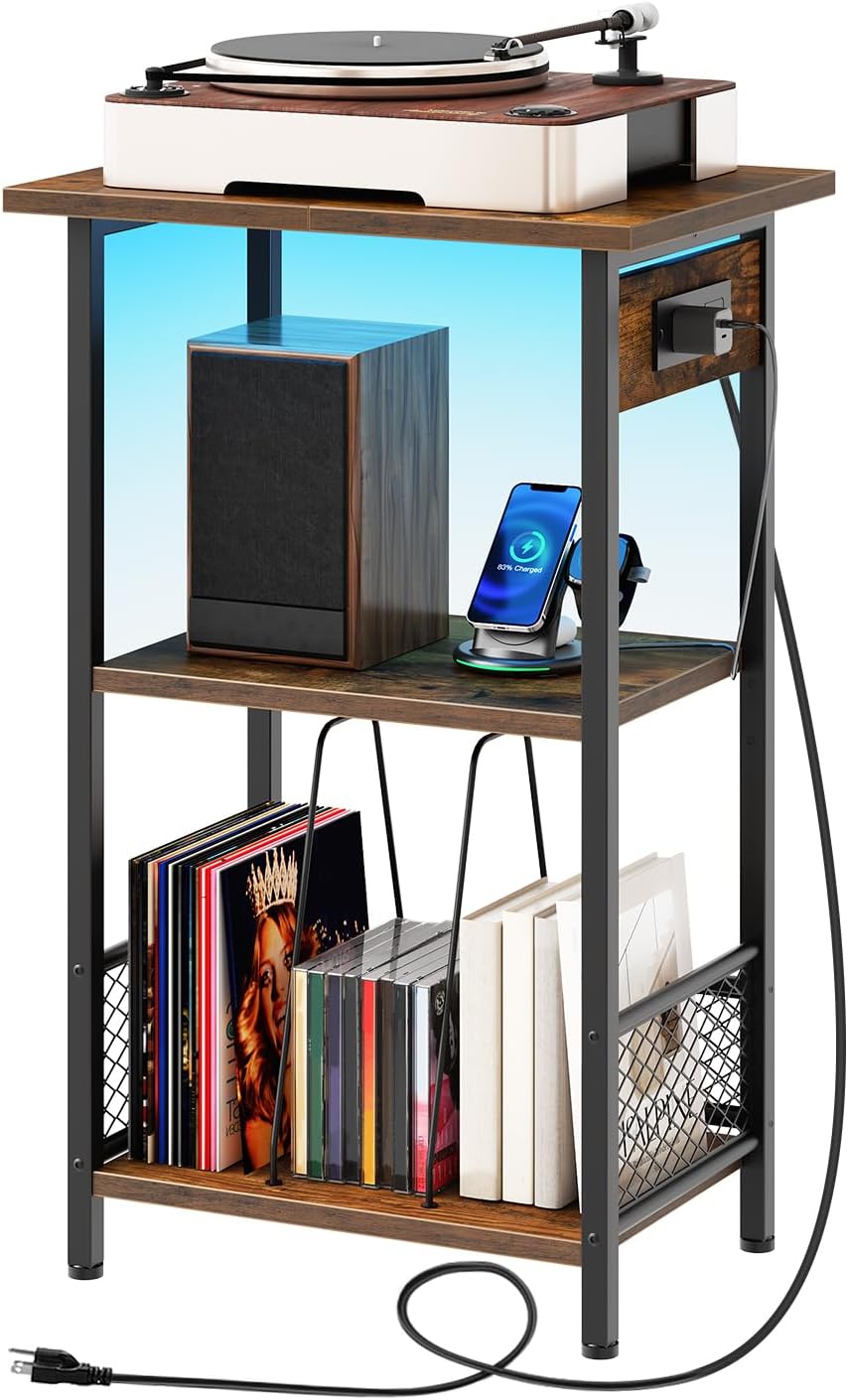 Amazon.com: HOOBRO Side Table, Record Player Stand Night Stand with Charger Station and LED ...