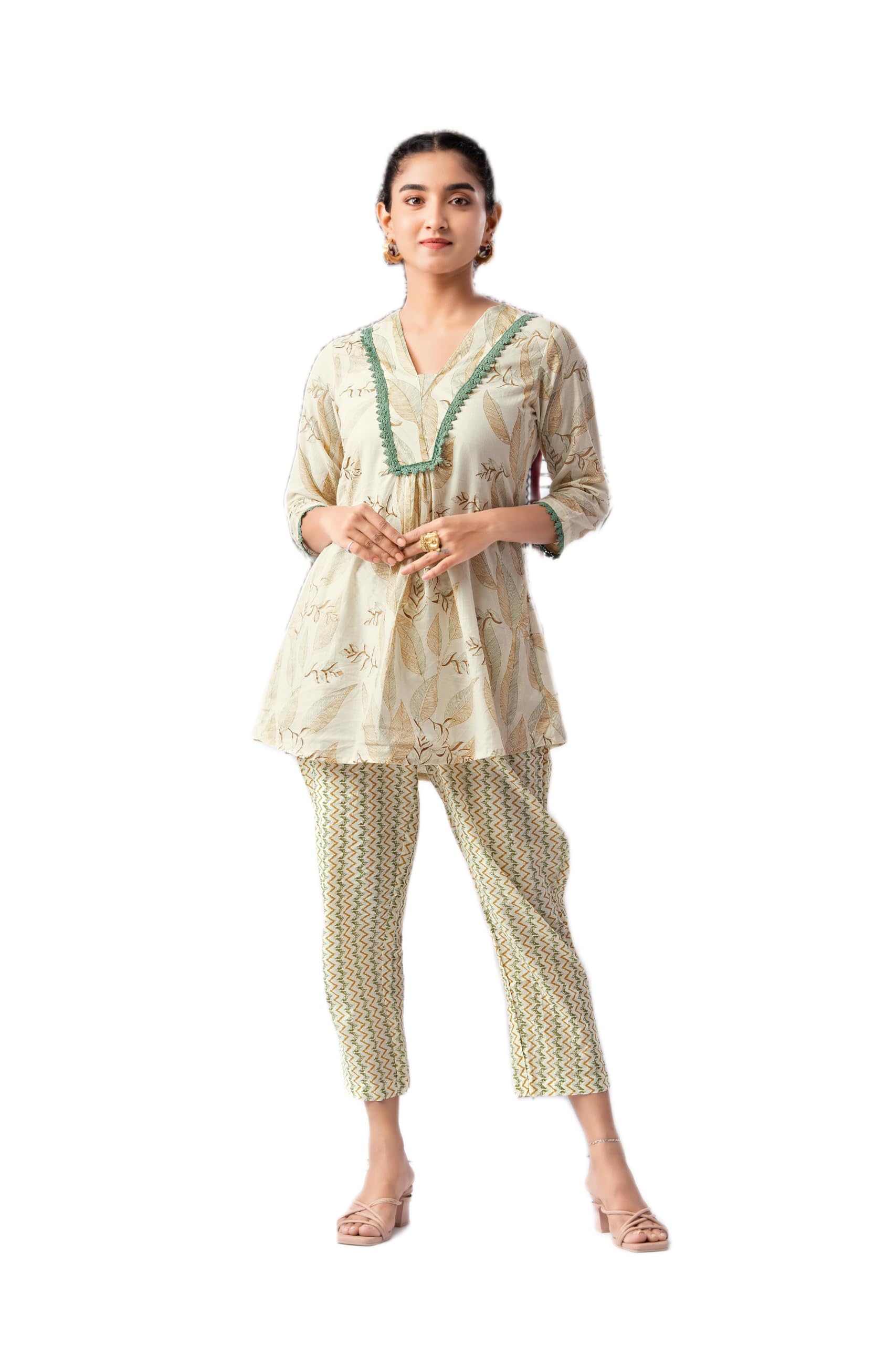 Cream & Green Leaf Print Pure Cotton Co-Ord Set | V-Neck Lace Detail Top with 3/4 Sleeves & Printed Trousers | Comfortable Casual Wear-image-31